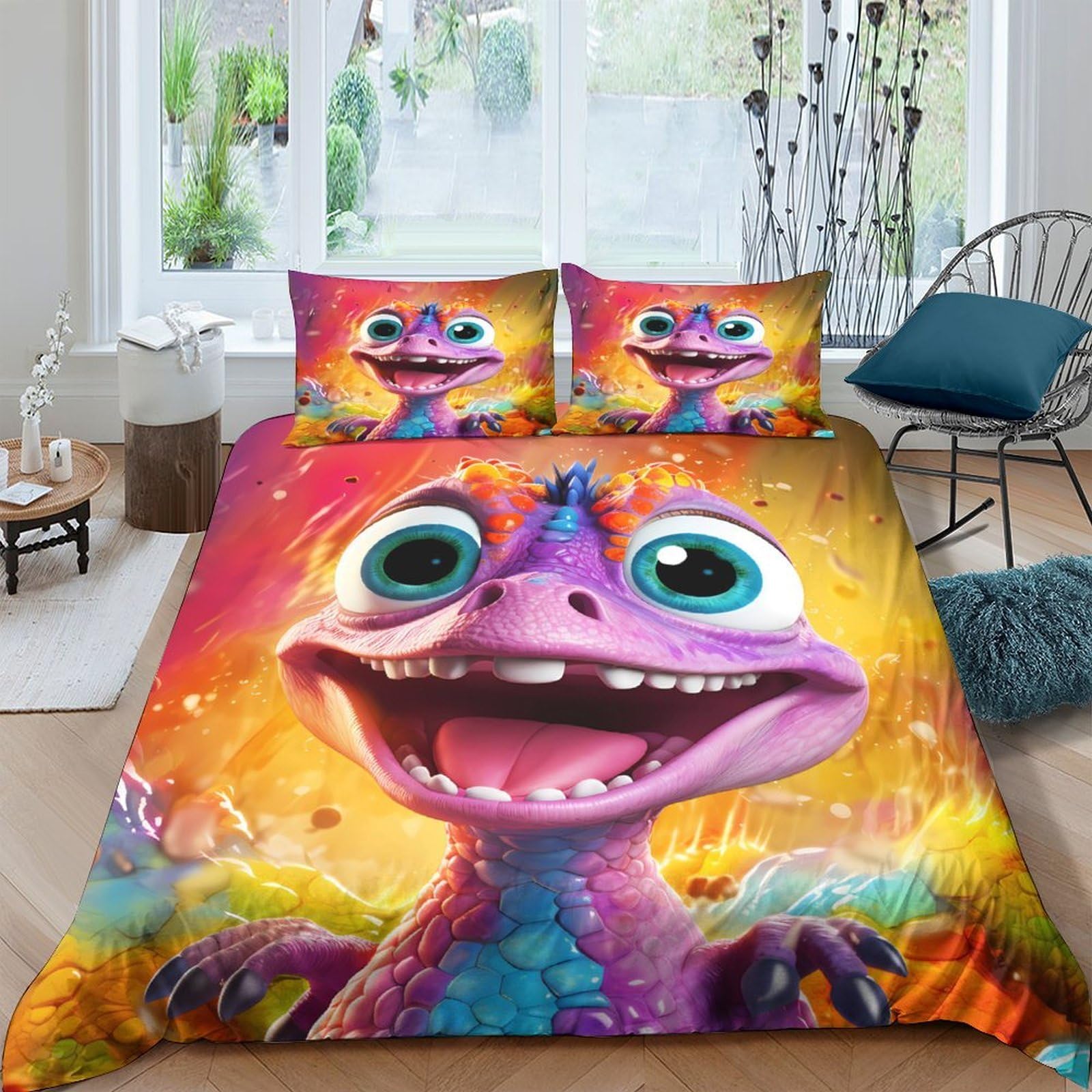 Ctjqhvkz Style-5 3D Printed Colorful Cartoon Dragon Fitted Sheet Microfiber Vibrant Fantasy Animal Mattress Cover For Bedroom Dorm Mattress Protection Decor Single（135X200cm）