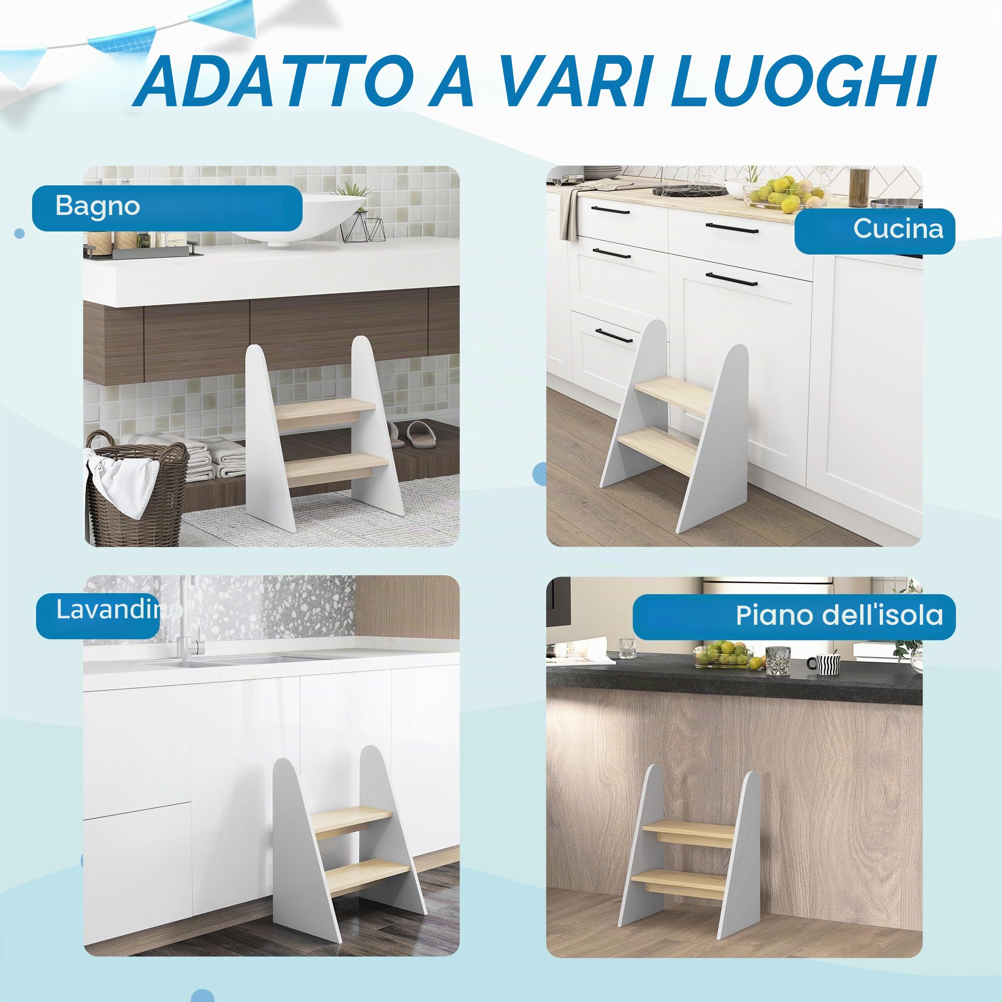 AIYAPLAY Sgabello a 2 gradini per bambini 3-8 anni, 20kg, legno bianco | Sgabello per bambini, per cucina, bagno, addestramento al vasino