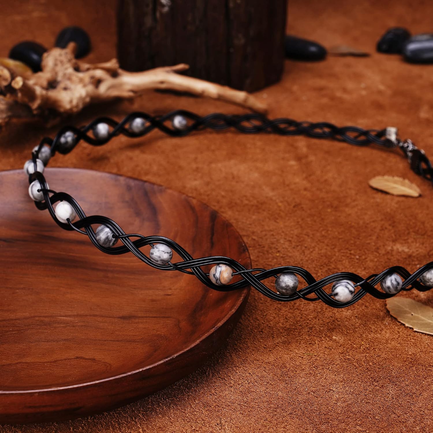 Medieval Handmade Fairy Circlet Viking Crown Celtic Elf Headpiece Tiara Map Stone Beaded Braided Accessory Renaissance Cosplay Headhand for Pregant Photoshoot Props Halloween
