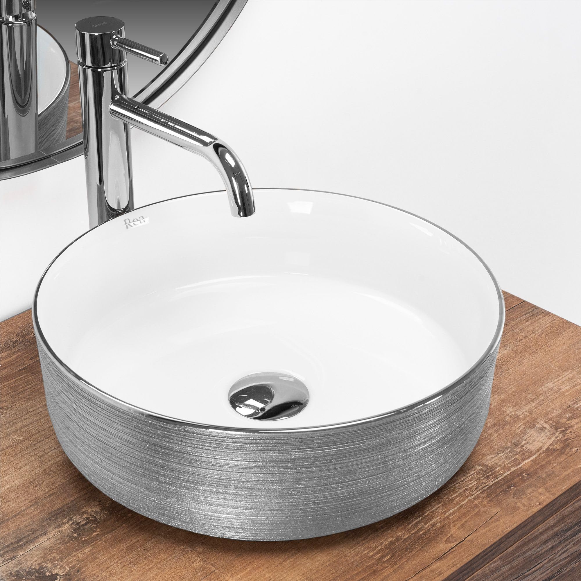 Rea - Lavabo Da Appoggio Sami Round White Grey, Moderno E Funzionale - 36X11,5X36cm