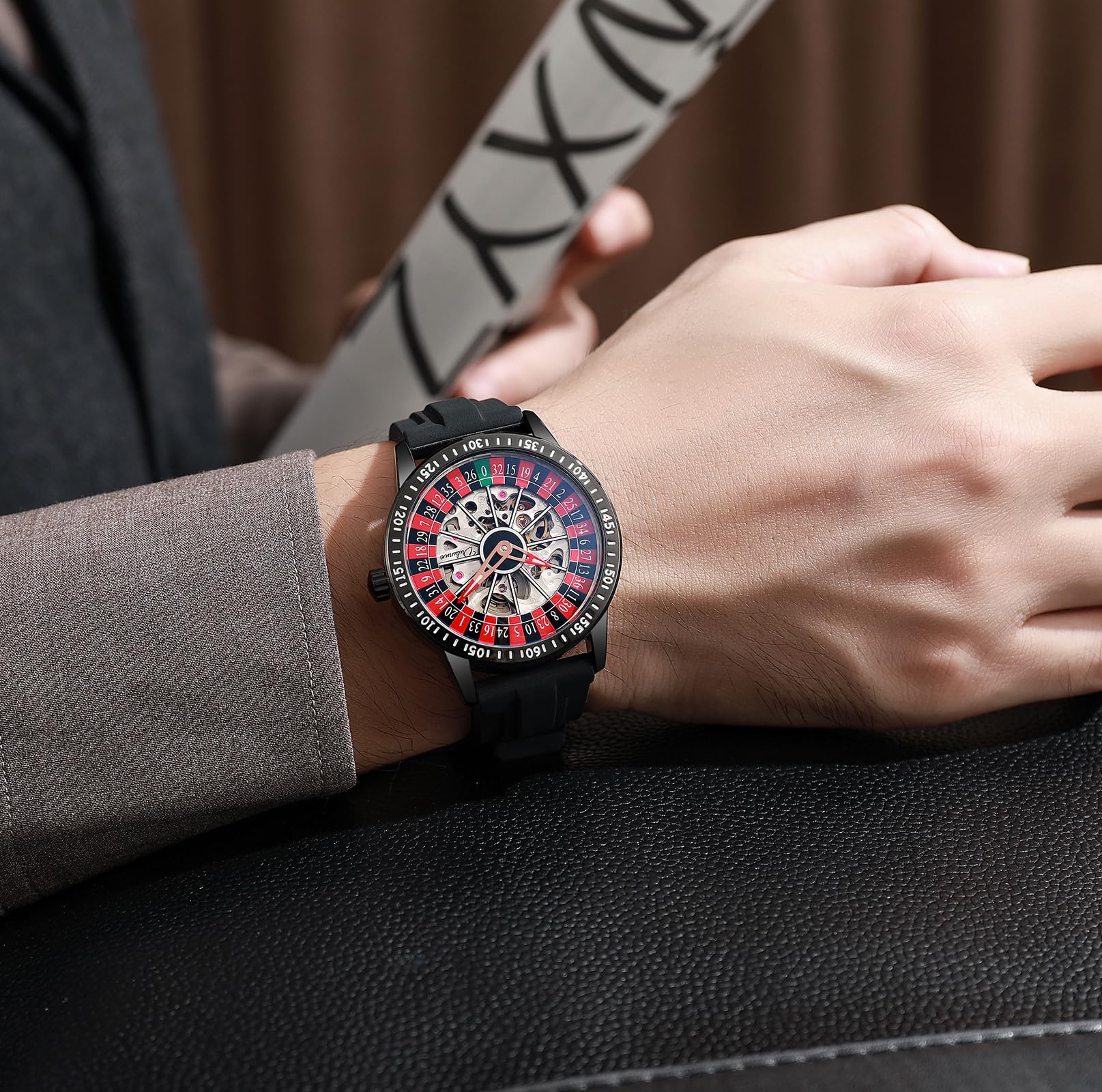 MASTOP Roulette Wheel Reloj mecánico automático para Hombre con Esfera giratoria y Esqueleto Hueco de Acero Inoxidable Impermeable