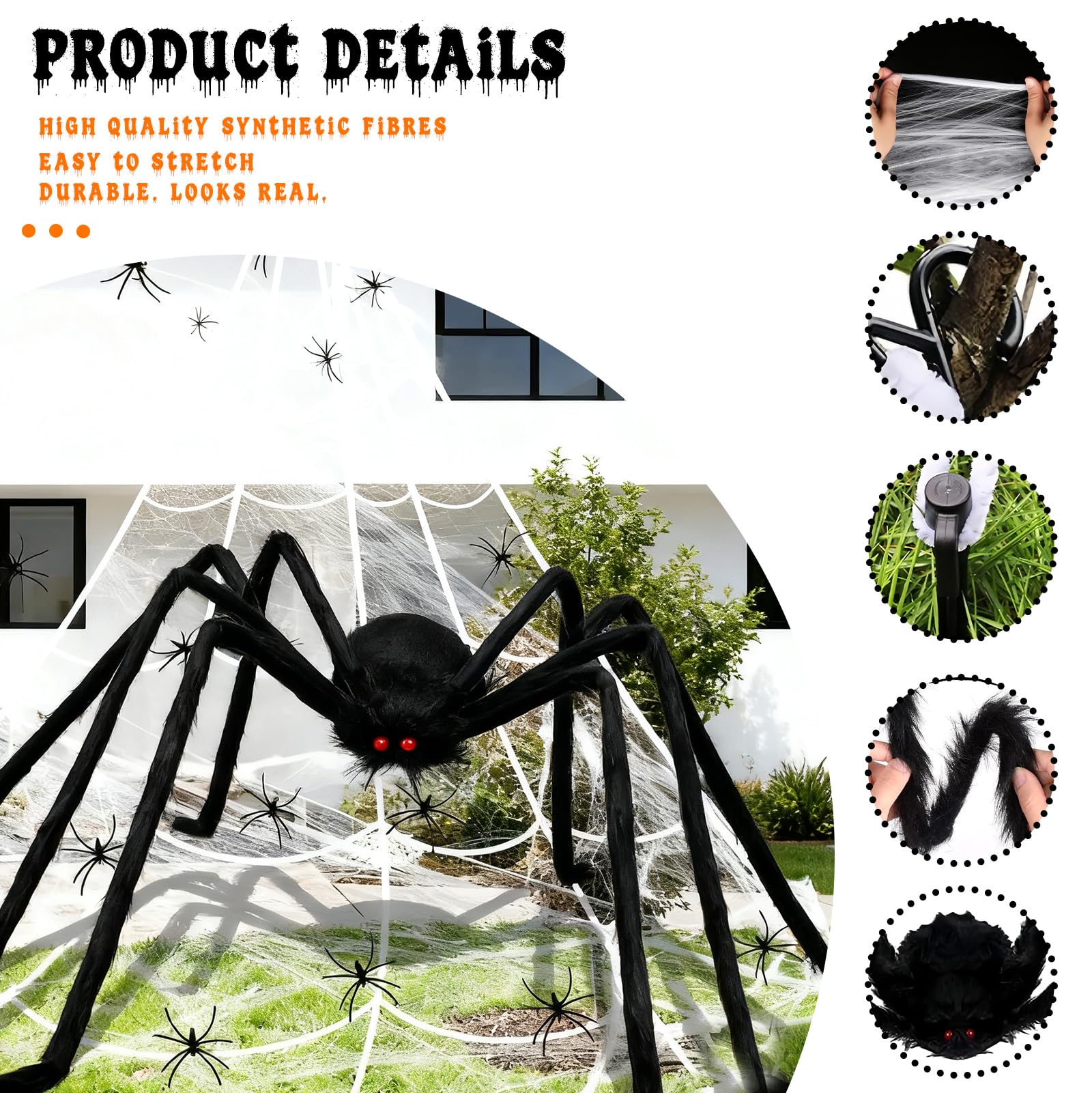 Giant Spider Halloween Decorations Outdoor Indoor,59" Black Giant Spider,275" Triangular Web,60g Stretch Spider Webs,60 Small Plastic Spiders for Halloween Party Props Garden Porch Haunted House Decor - Image 3