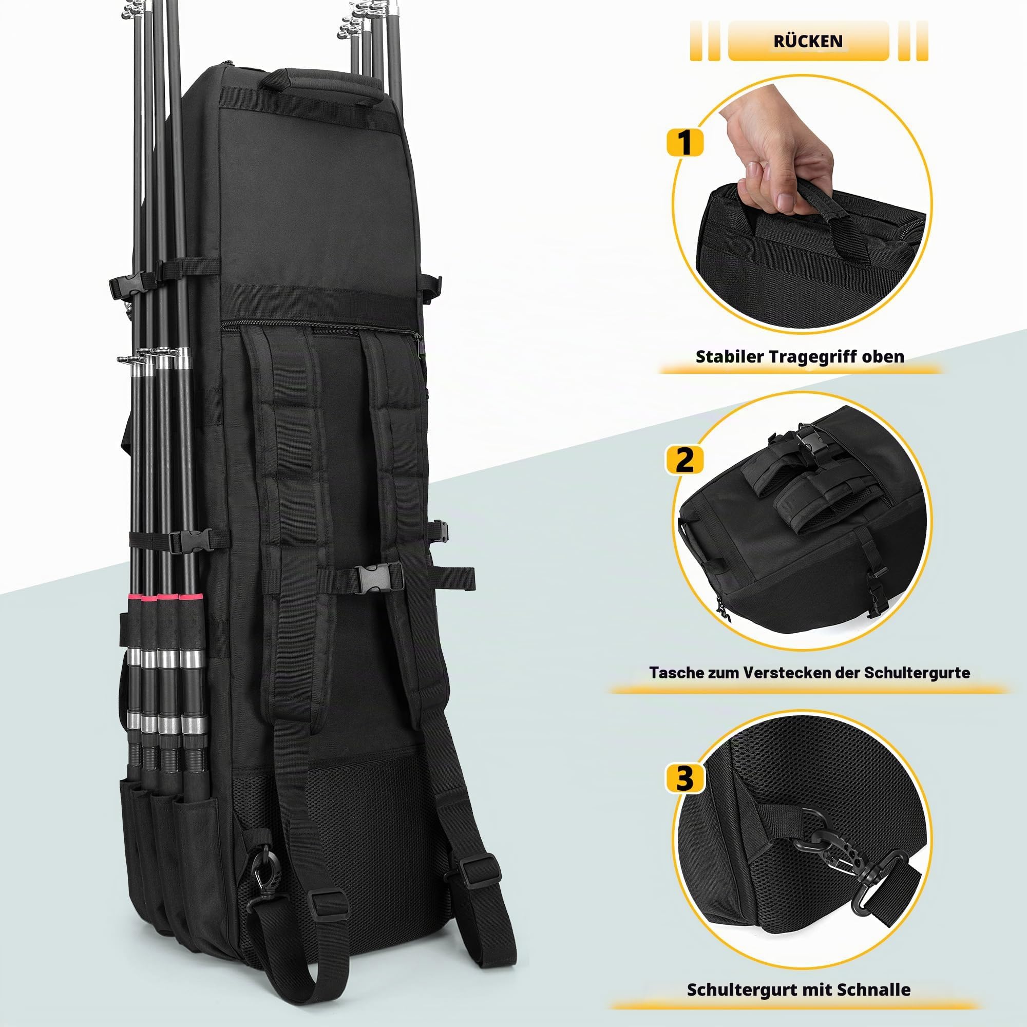Rexmica Angelrucksack mit Rutenhaltern für 8 Outdoor-Angelrute, Schwarz | Angelrutentasche mit Fächern für Tackleboxen, Große Angelausrüstung Rucksack für Angeln Wandern Camping Trekking