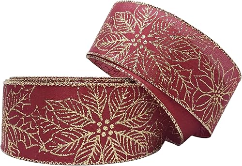 2.5 x 50 yardas, vino y dorado con purpurina floral de Pascua con alambre para Navidad, color granate 2.5 x 50 yardas, vino y dorado con purpurina floral de Pascua con alambre para Navidad, color granate