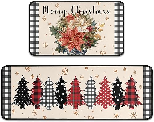 Juego de 2 tapetes de cocina de Navidad, decoraciones navideñas para el hogar, árbol de Navidad, ramas de pino acebo, piñas, tapete de invierno,