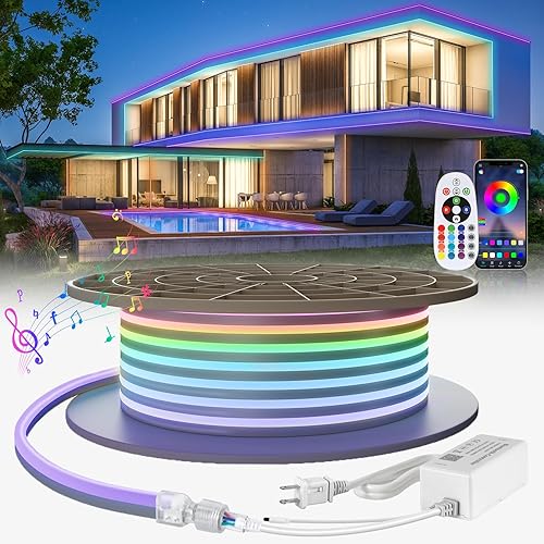 SUCIKORIO Tira de luces LED de neón RGB de 50 pies49.2 ft, tira de luz LED flexible IP65 impermeable para dormitorio, sincronización de música,