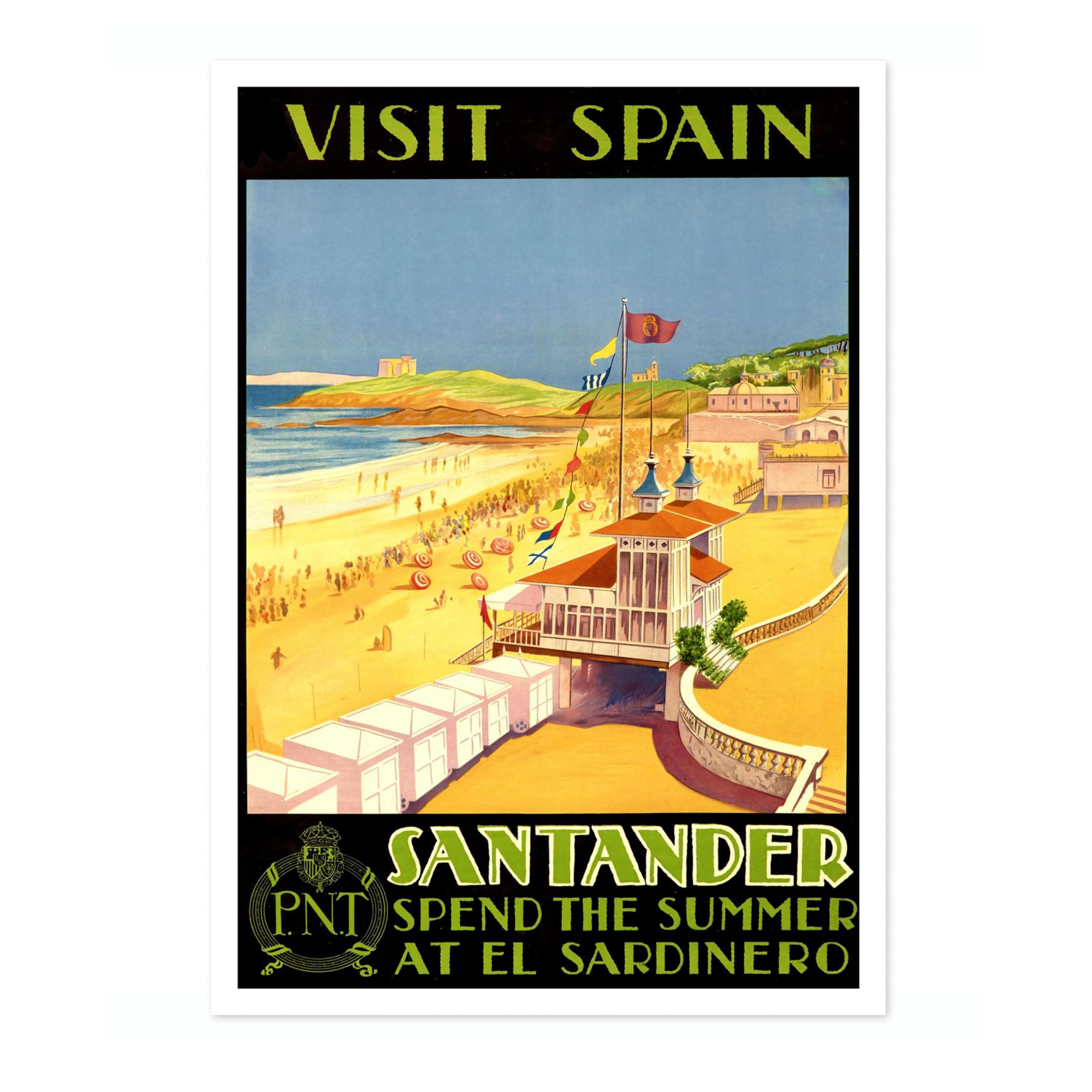 Visit Spain, Santander Vintage Spanish Travel Poster, Retro Spain Tourism Print, Decoration Wall Art Seville Landmark Bedroom Decor, A5 (Print Only) - 21x14.8cm