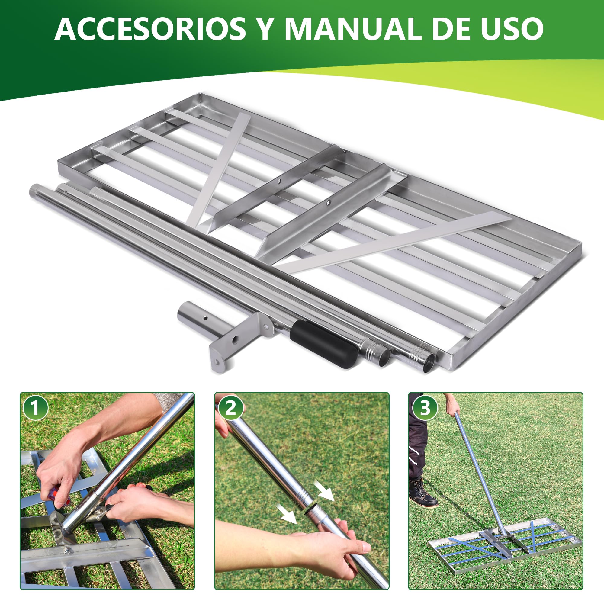 Rasqueta XXL de 85 x 35 cm, con mango ajustable de 2 m, rasqueta para césped, arenas, nivelador de jardín, rasqueta para césped, para patio, jardín, golf