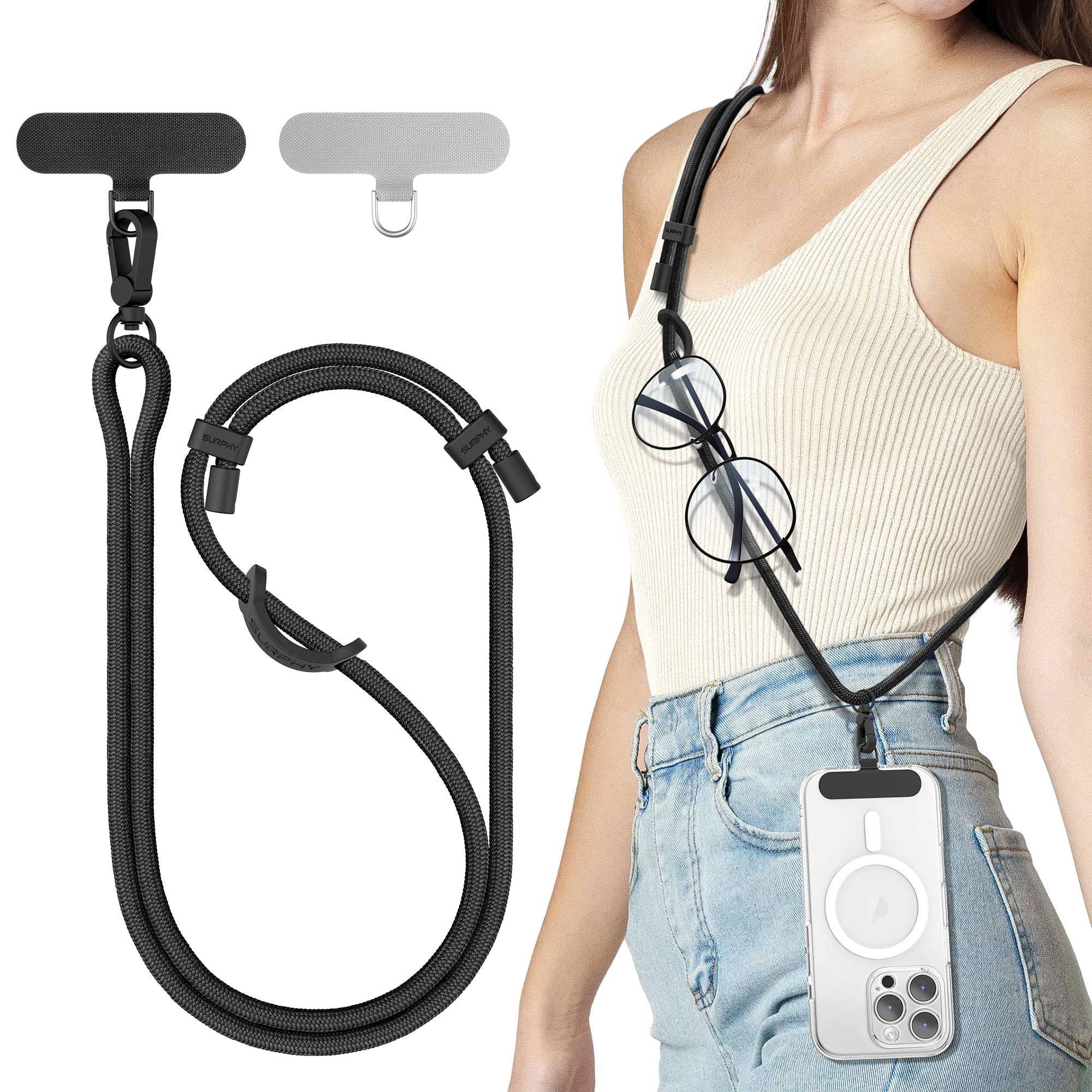 SURPHYPhone Lanyard, Adjustable Phone Strap Crossbody with 2 Pack Cell Phone Tether Tab, Premium Metal Buckles, Skin-Friendly, Universal Cell Phone Lanyard Crossbody for Women and Men, BlackGlobal Recycled StandardGlobal Recycled StandardGlobal Recycled Standard
