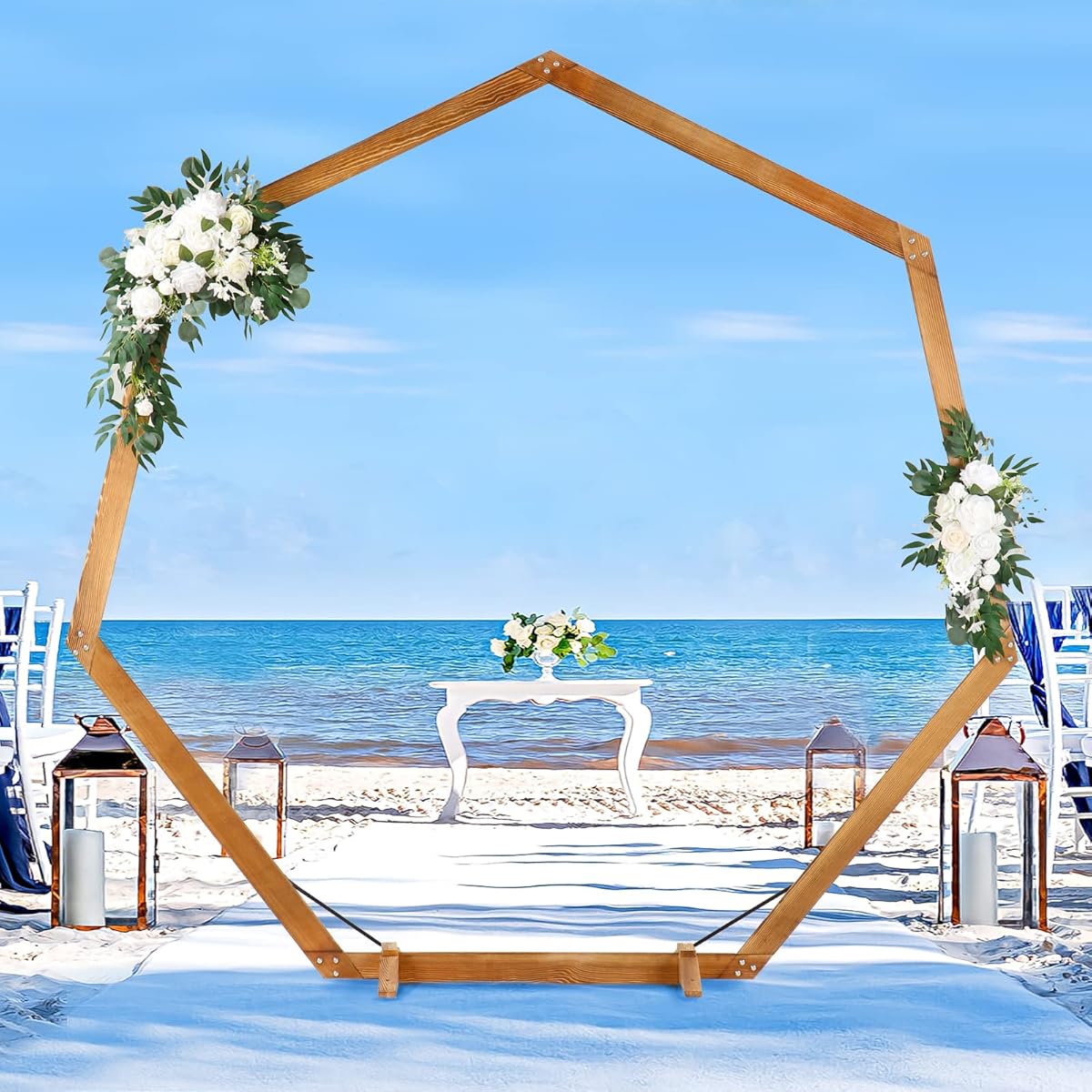 Heptagonal Wooden/Wood Arch 7.2FT for Wedding Ceremony, Arbor Backdrop Stand for Garden Parties, Indoor, Outdoor, Autumn Theme, Rustic Decorations