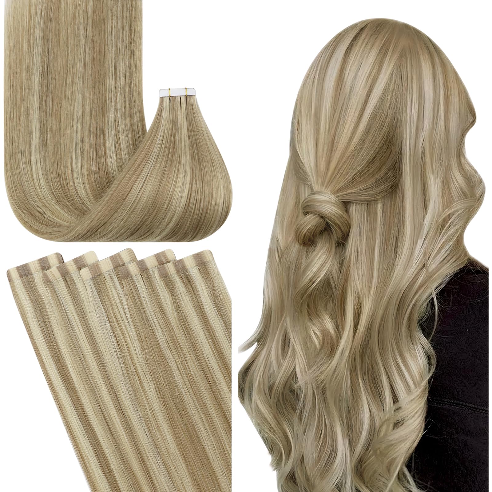 Fshine Extension Biadesive Capelli Veri 30CM 30g 20Pcs Extension Adesive Invisibili Biondo Cenere Scuro Con Highlighted Del Biondo Dorato Extension Capelli Remy Biadesive Brasiliani #16P22