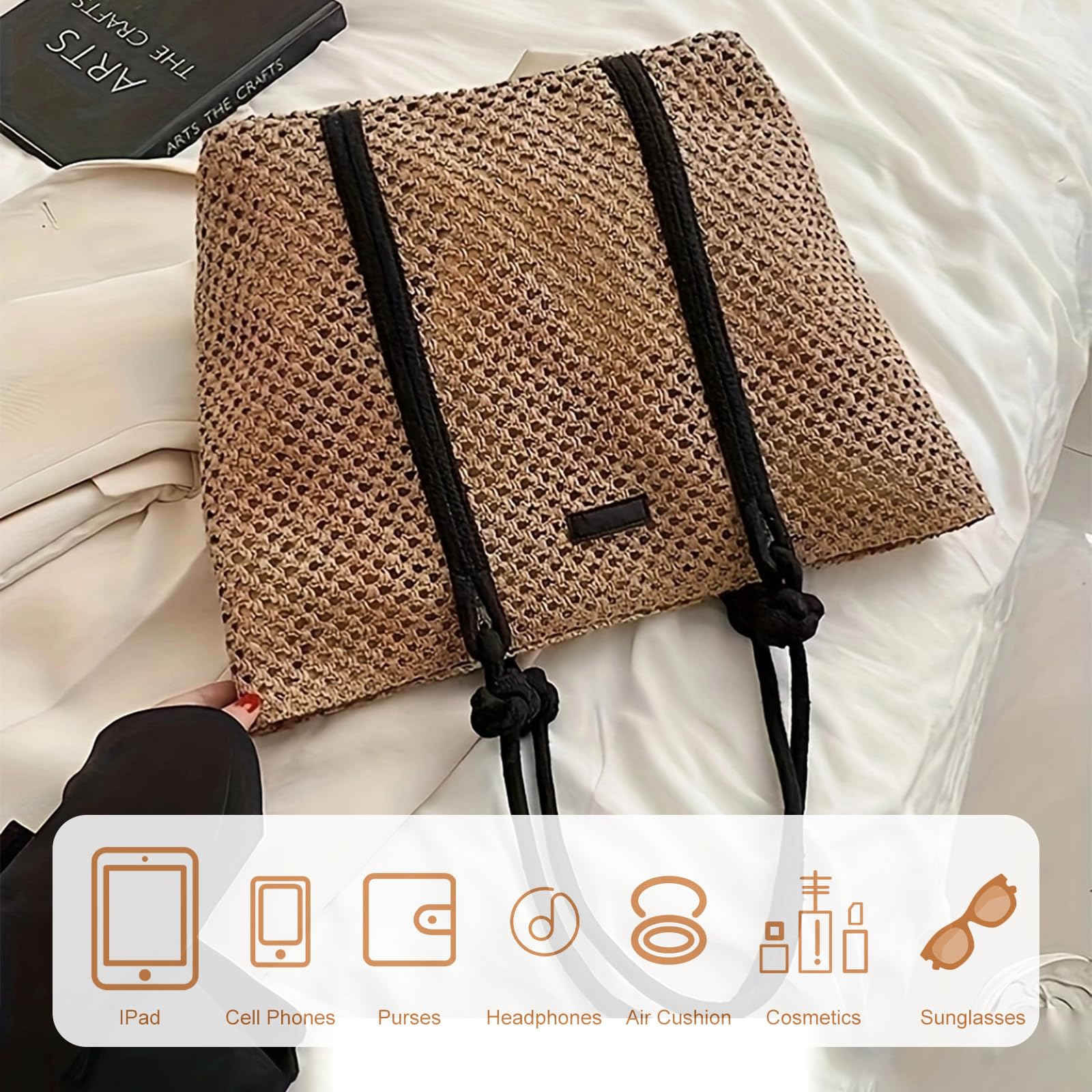 Sac en Paille à Bandoulière pour Femmes - Grand Format Tissé et Crocheté, Pour Plage et Vacances d'Été