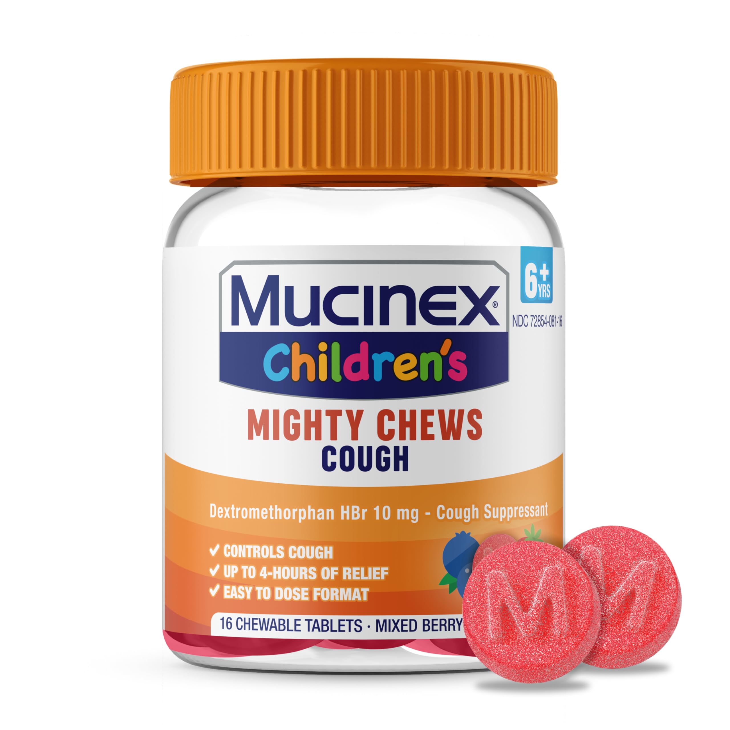 Children's Mighty Chews Kids Cough Medicine, Easy to Dose Cough Suppressant For Kids with Dextromethorphan, Kids Travel Medicine for Cough, Mixed Berry Flavor, 16 Medicated Chewable Tablets