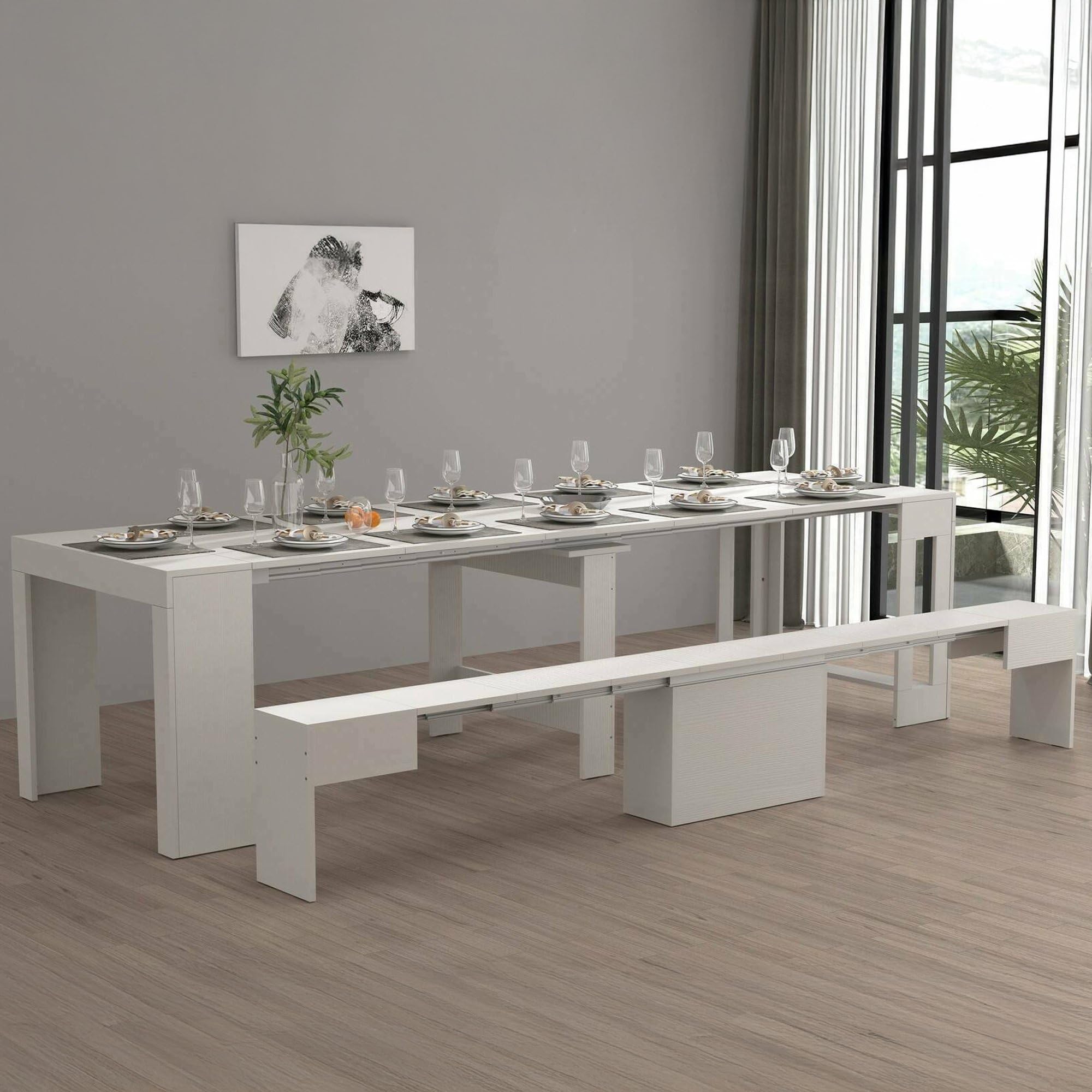 Dmora - Set tavolo e sedie Crispin, Composizione multiuso, Set con consolle e 1 panca allungabili, 100% Made in Italy, 66x25h45 cm, Bianco