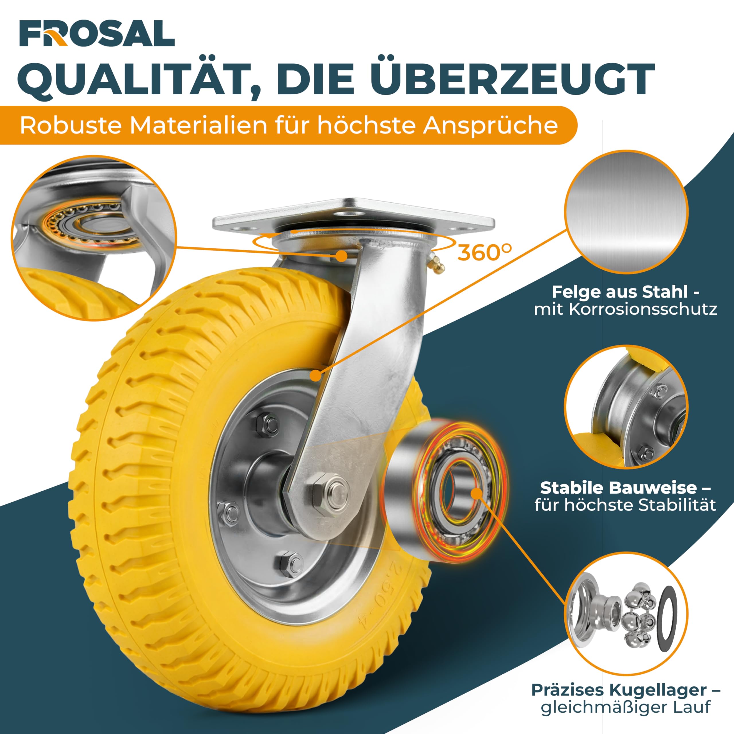 FROSAL 4-teiliges Rollen-Set 8 Zoll 2.50-4 – 2 Bockrollen und 2 Lenkrollen – pannensichere PU-Räder Ø 210 mm mit Stahlfelge – bis 120 kg – für Transportwagen