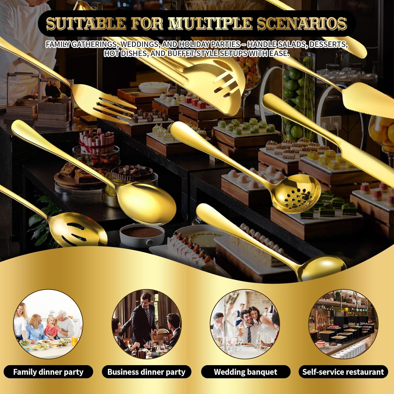 36-Piece Gold Serving Utensils Set, Stainless Steel Buffet Serving Spoons with Tongs Forks Ladle – Dishwasher Safe Serveware for Wedding, Party, Catering, Holiday Gatherings