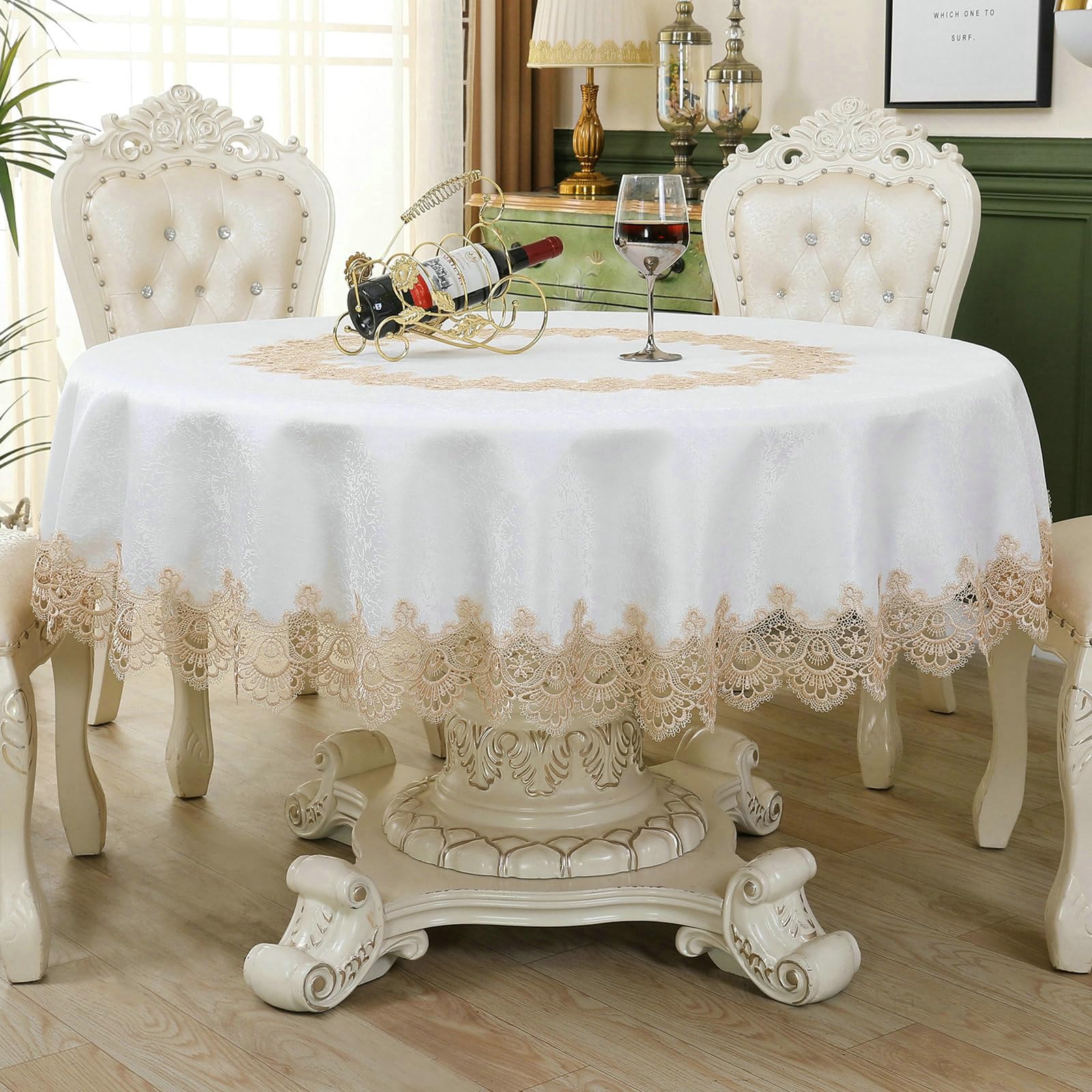 Runde Tischdecke Abwaschbar 180 cm, Spitze Blume Jacquard Polyester