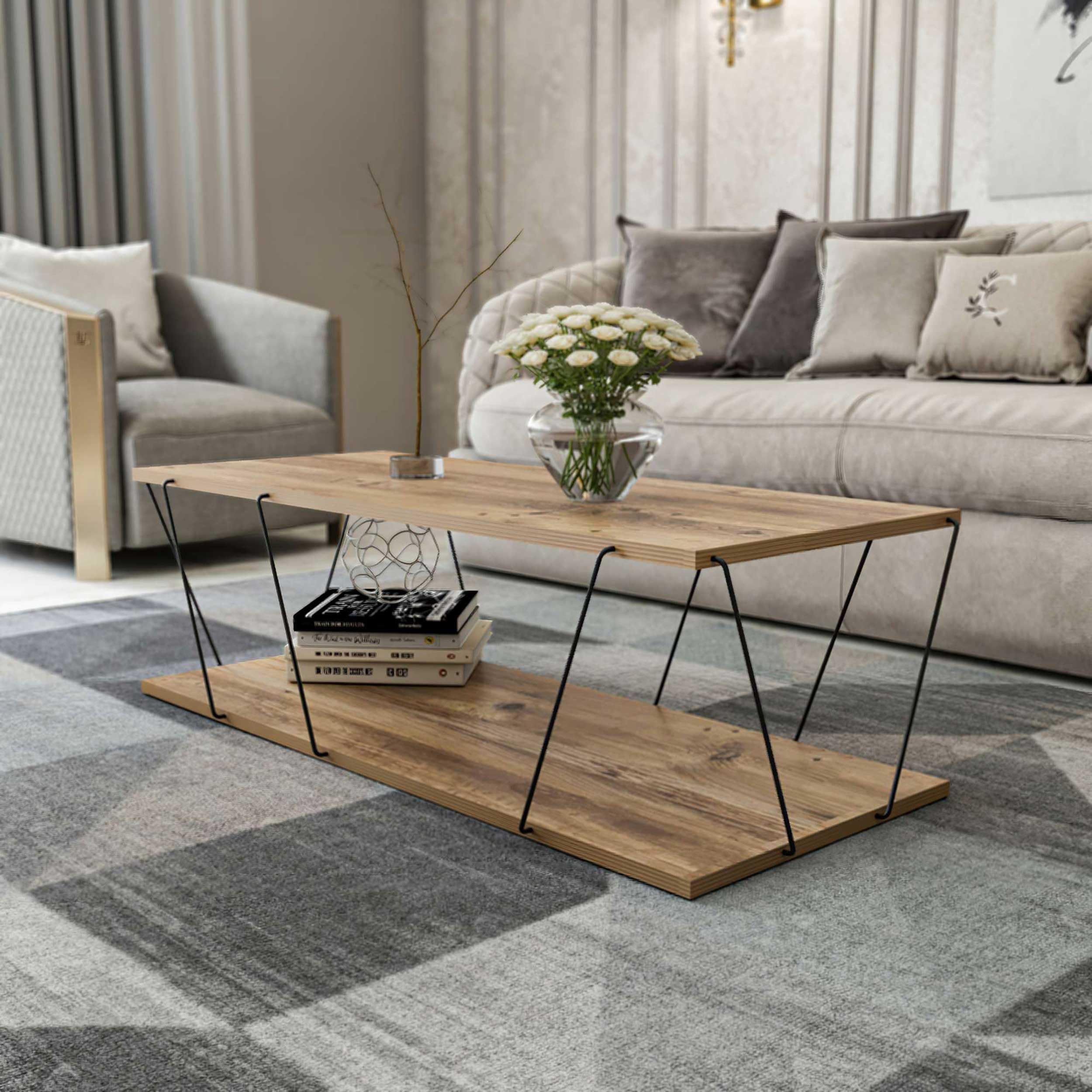Menzzo Table Basse Milanda Métal Noir et Bois Naturel