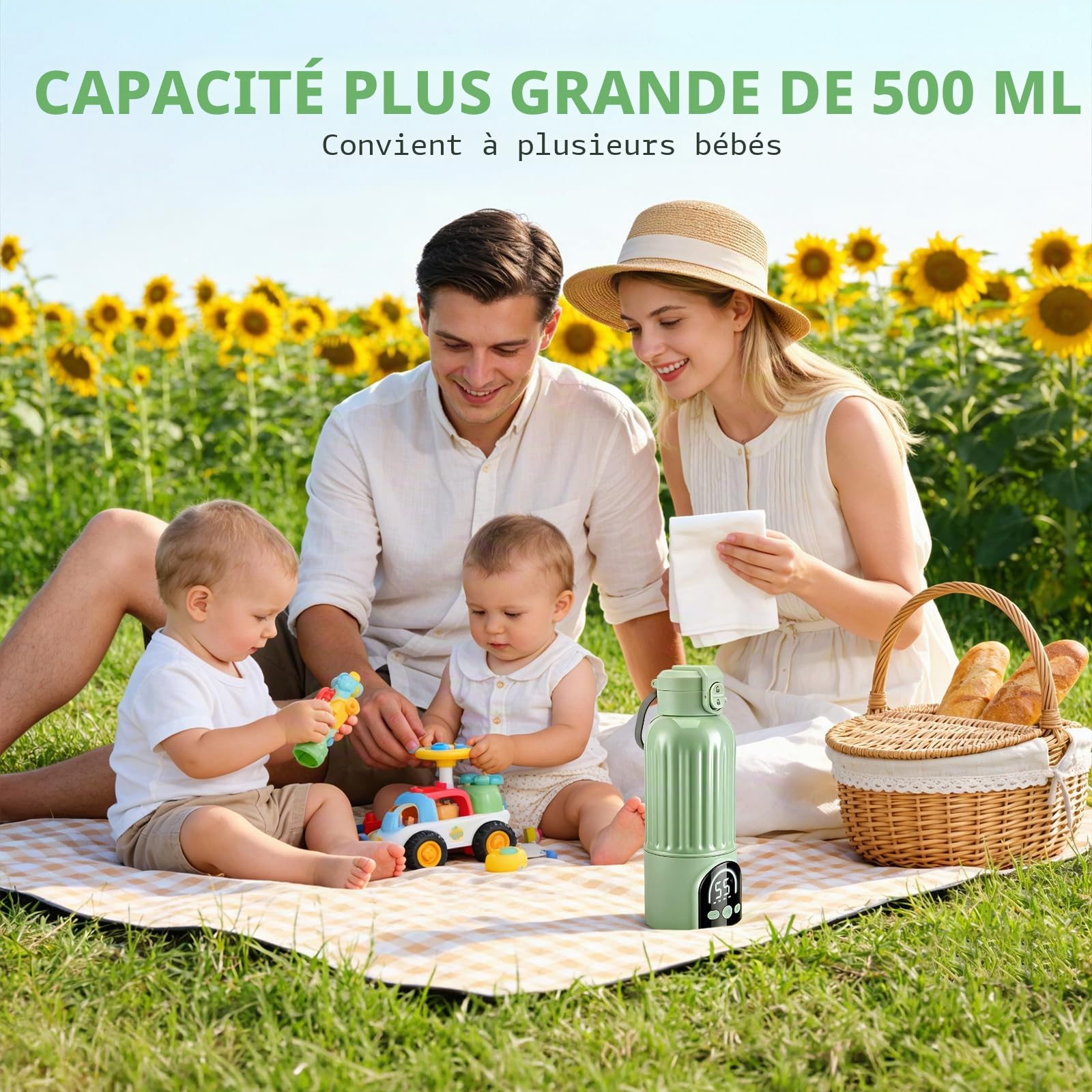 Chauffe-Biberon Portable 500ml, 18000mAh, 140W Chauffe-Lait Rapide & Contrôle Température Précise, Pour Lait Maternel et Préparation, Recharge USB-C, Vert