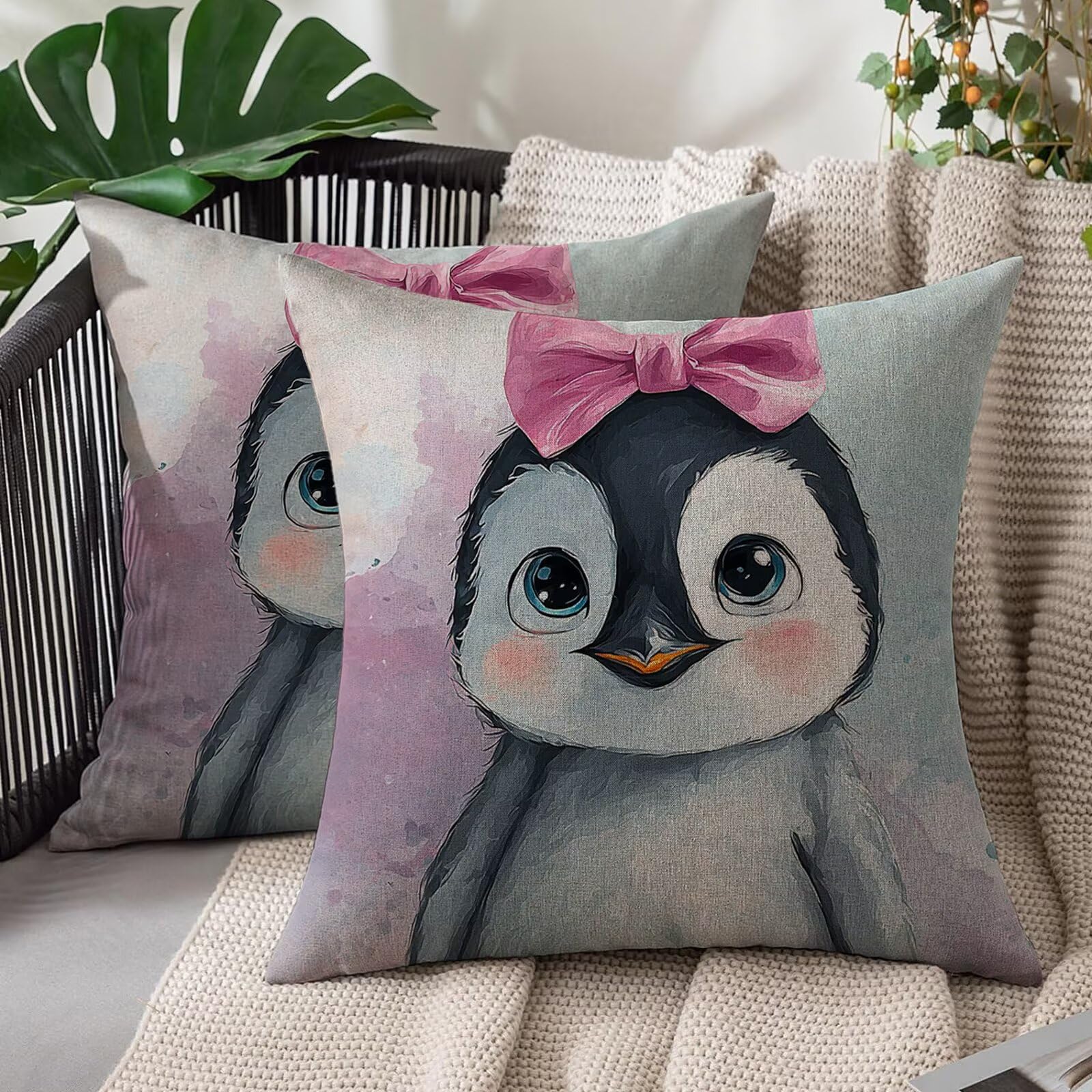 Housse coussin 50x50 cm manchot en lin lot de 2 pour canapé de salon