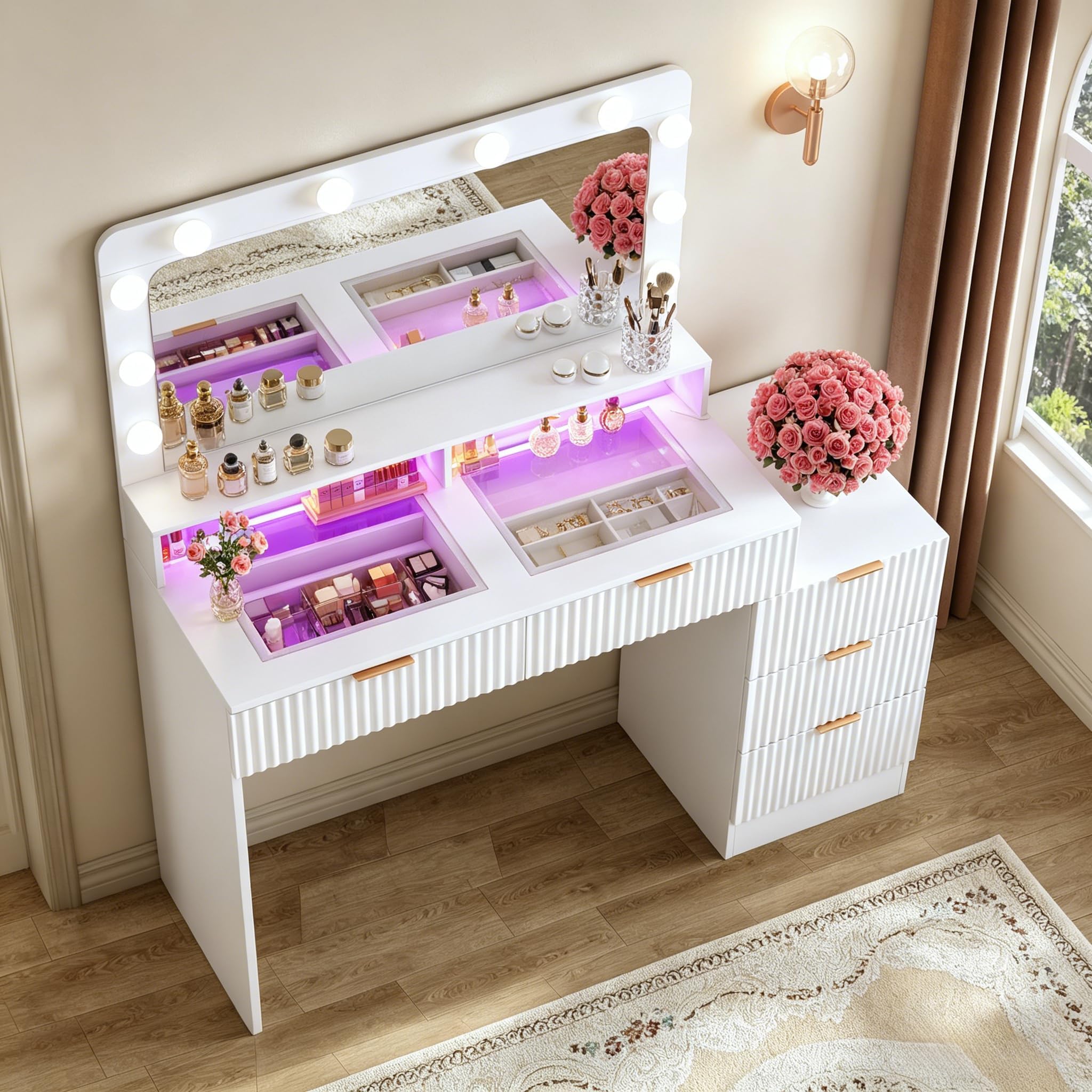 HUAHUU Fluted Vanity Desk with Mirror and Lights, Makeup Vanity Desk with Glass Top, Nightstand & Fluted Panel Design, 5 Drawers, 3 Colors Lighting Adjustable Brightness, Power Outlet, White