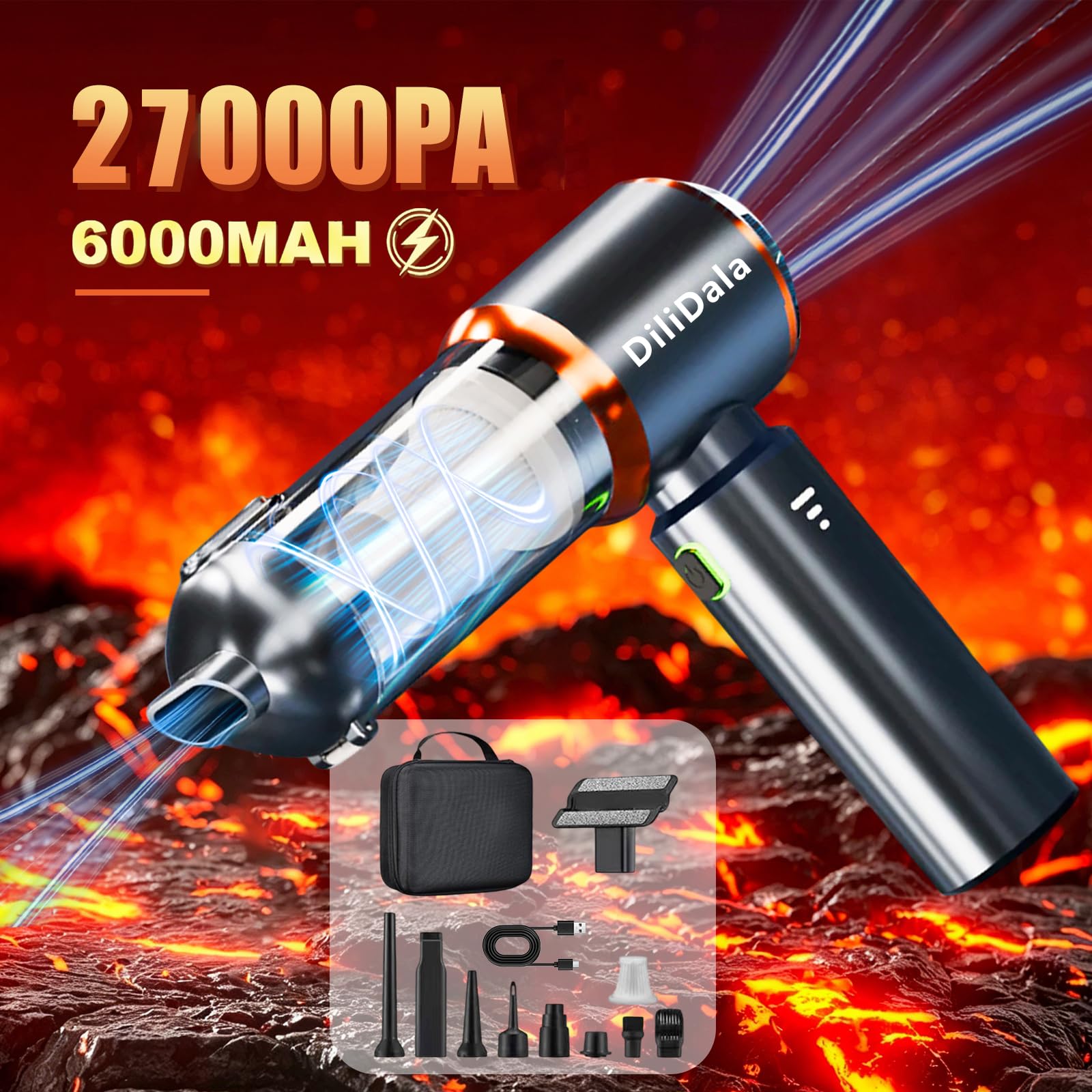 Aspirapolvere a mano a batteria, 27000 PA, vincitore del test, contenitore della polvere One Touch, senza fili, 3 marce, 270000 giri/min, aria compressa per auto, cucina, divano, ufficio