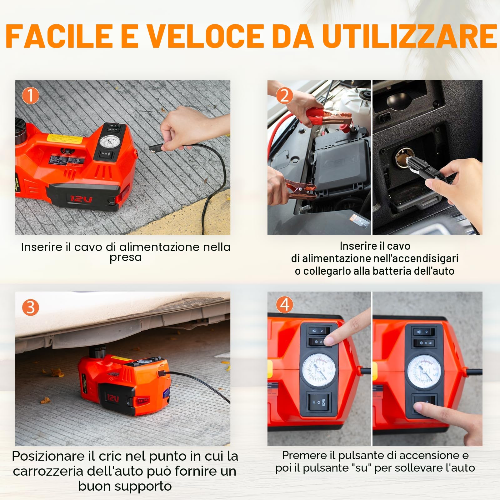Auto Cric idraulico 5T, Cric elettrico 4 in 1 12V con pompa gonfiabile e luce LED, portata di sollevamento di 15-45 cm, Cric per auto, SUV, officine, riparazioni di emergenza, cambio gomme