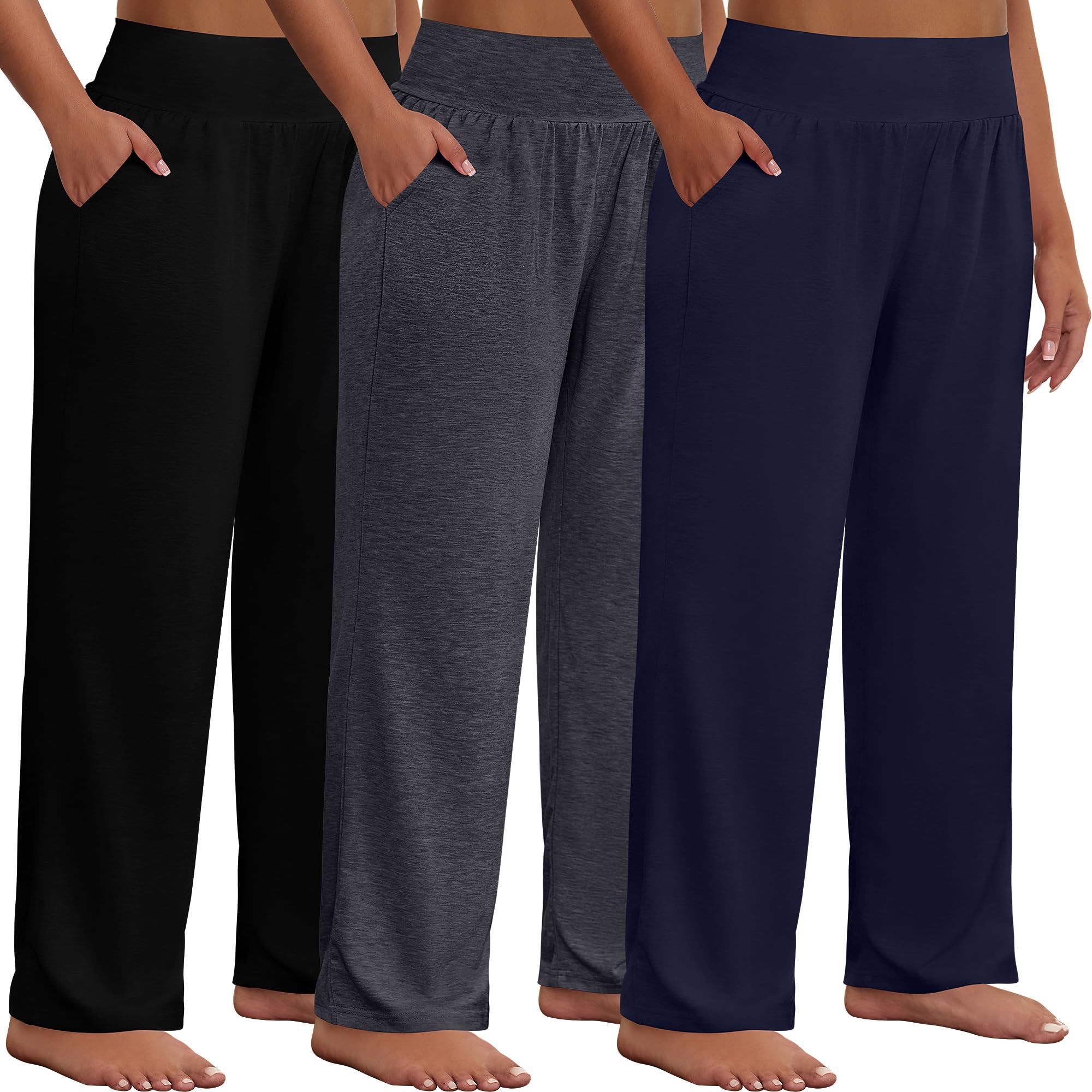 Neer 3 Pack Women Plus Size Wide Leg Yoga Pants High Waist Sweatpants Plus Size Palazzo Pants Lounge with Pockets