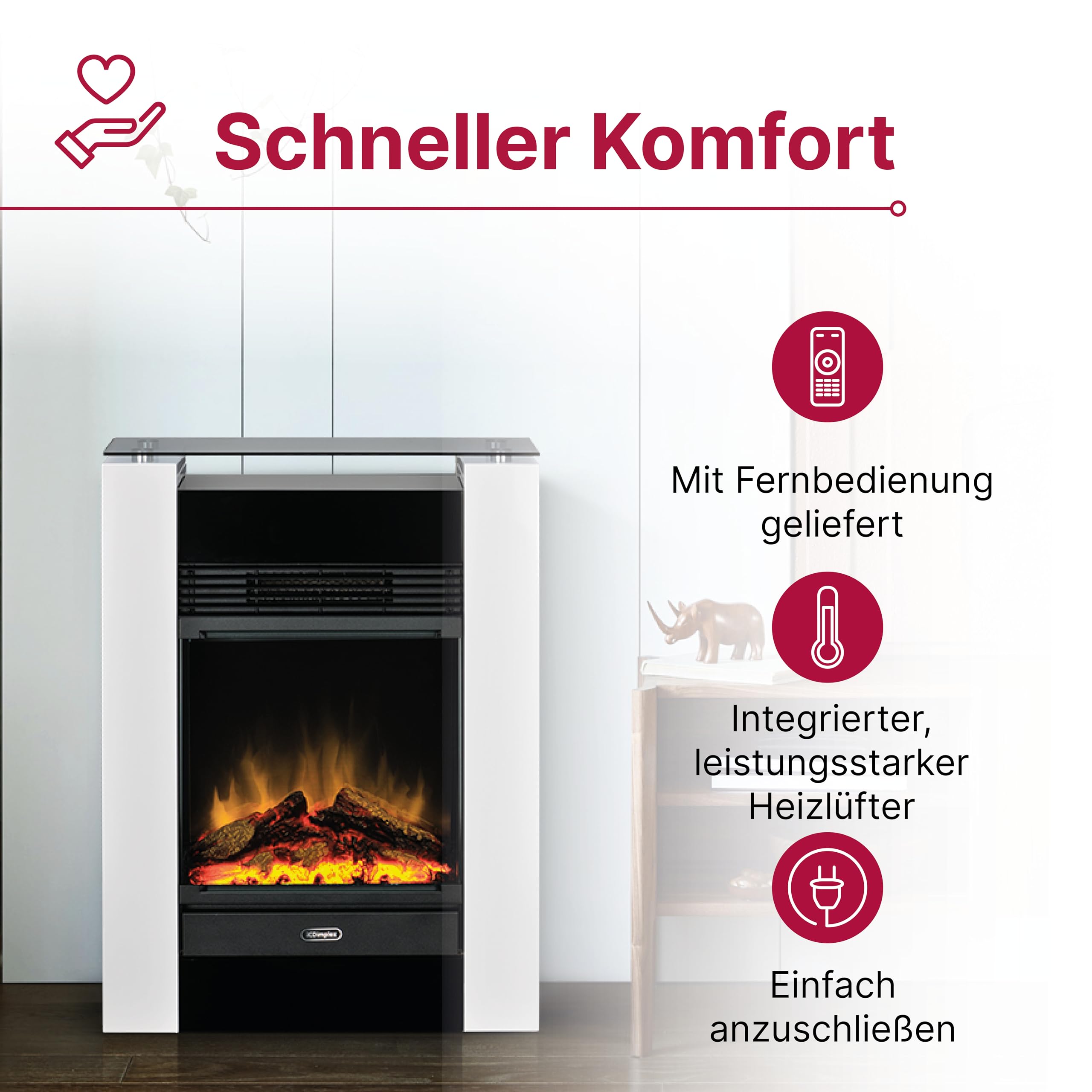 Dimplex Gisella Elektrokamin - Elektrokamin mit Heizung, Weißer Umrandung und Glasablage - LED Optiflame Flammeneffekt - Zuschaltbarer 1,5kW Heizlüfter - Inklusive Fernbedienung