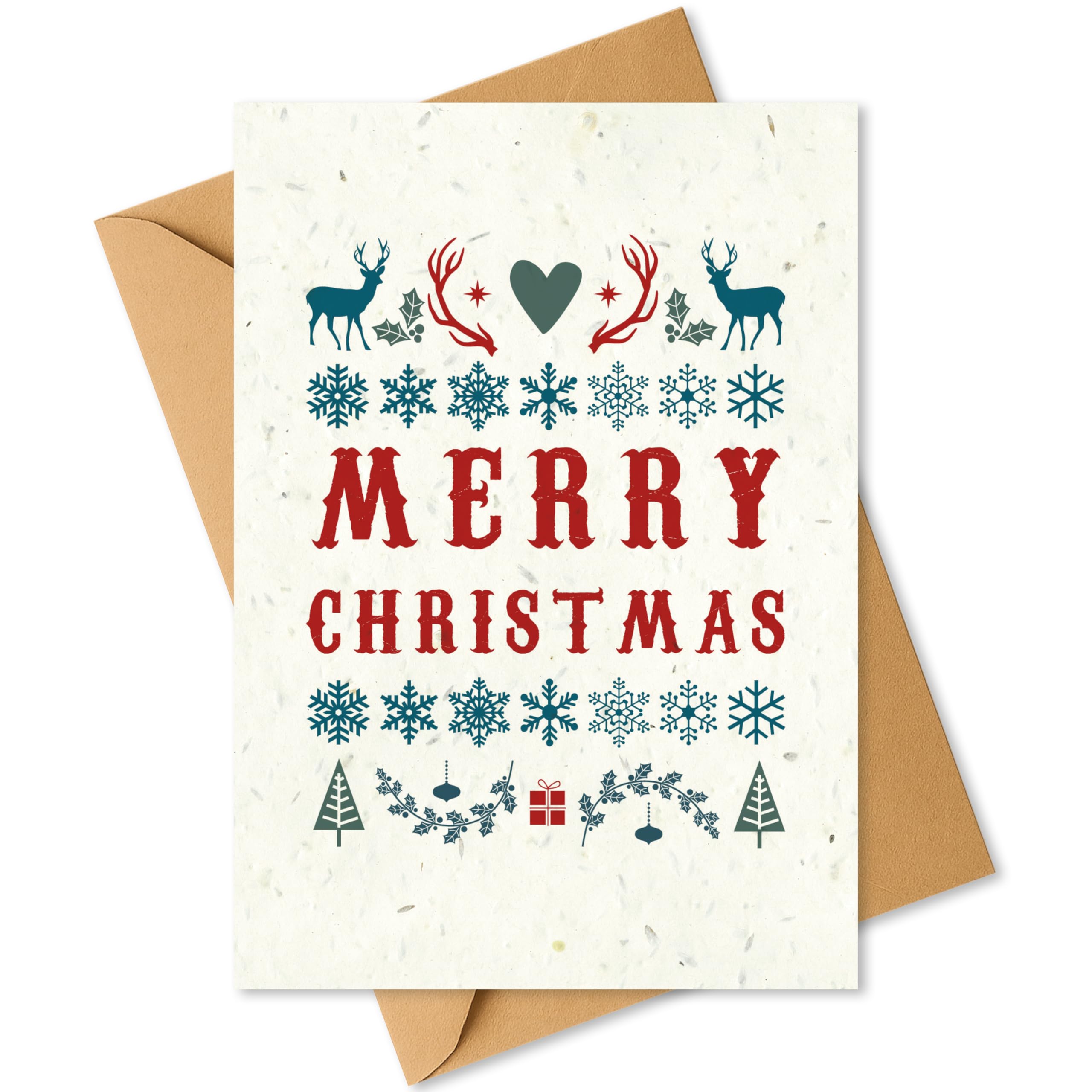 Plantable Christmas Card with Traditional Nordic Merry Christmas Design – Eco Friendly Biodegradable Seed Paper Greeting Card, Zero Waste Christmas Card for Friends & Family (1 Card and Envelope)