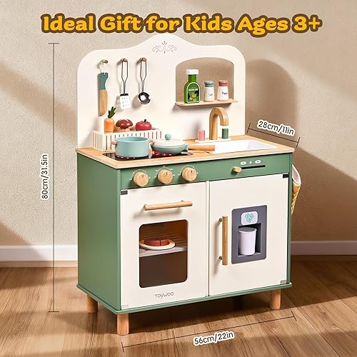 Miniatura 7 de Juego de cocina para niños pequeños con juego de alimentos de corte y luces con fregadero, estufa, microondas, juguetes de madera, regalo de cocina