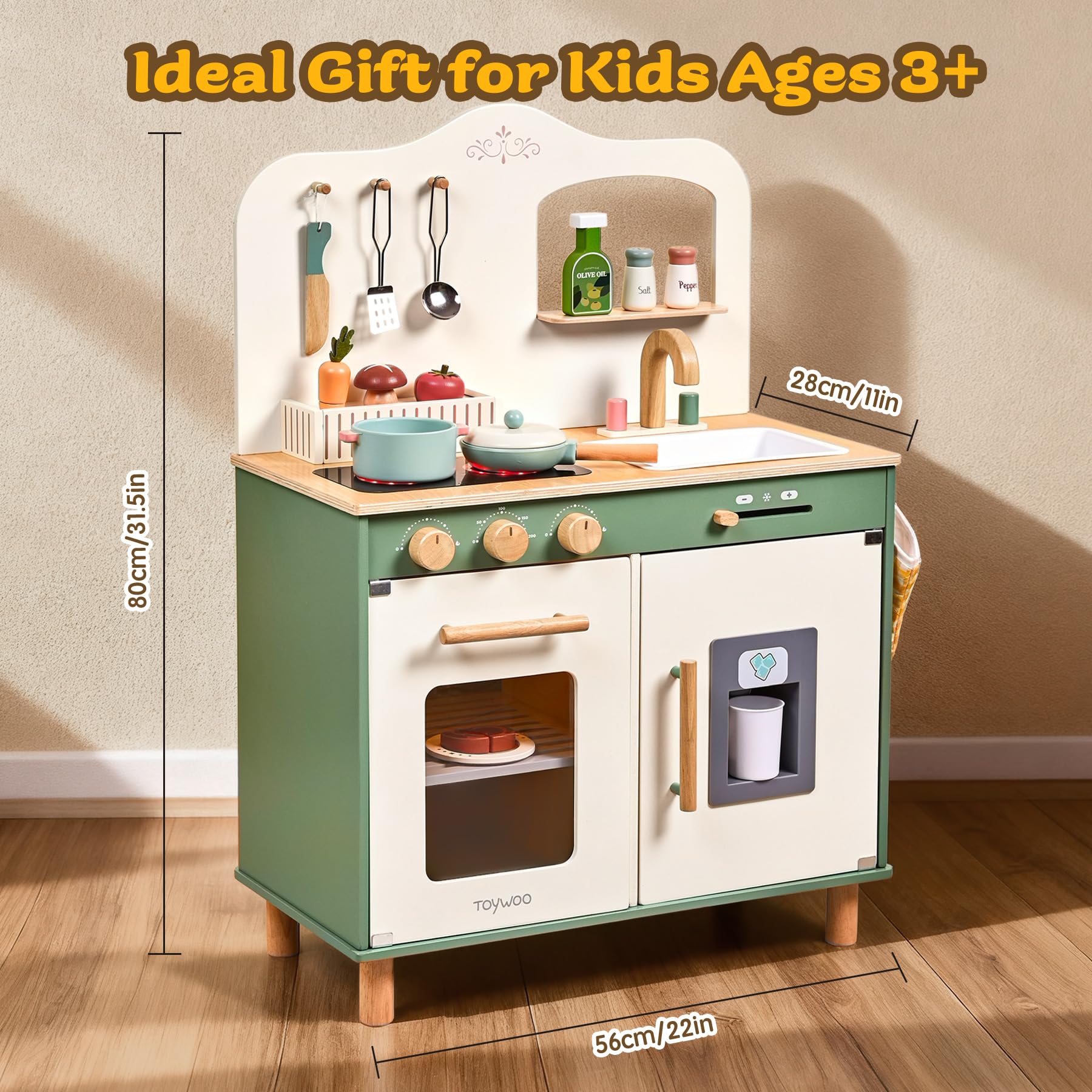 TOYWOO Kinderküche Holz mit Licht & Sound, Spielküche für Kinder ab 3 Jahren mit Schneidelebensmittel-Set, Spülbecken, Herd & Mikrowelle, Pädagogisches Rollenspielzeug Geschenk für Mädchen Jungen