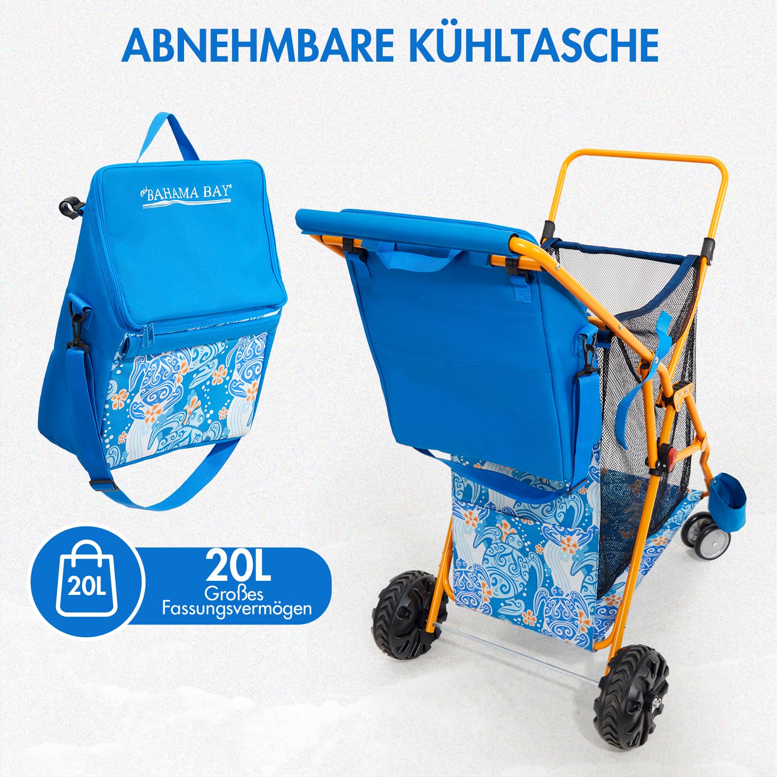 Old Bahama Bay Strandwagen klappbar mit Abnehmbarer 20L Kühltasche Bollerwagen faltbar mit großen All-Terrain-Rädern Faltwagen Transportwagen für Sand Strand Camping Garten