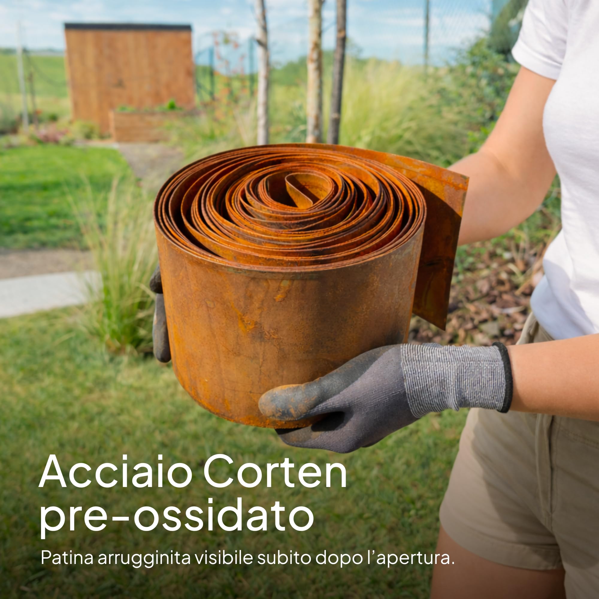 UNIGARDIA Bordura per Giardino in Acciaio Corten 10 m - Bordura per Aiuola in Metallo, Altezza 14 cm - Installazione Facile - Bordo per Prato in Ruggine, 1 Paio di Guanti Inclusi
