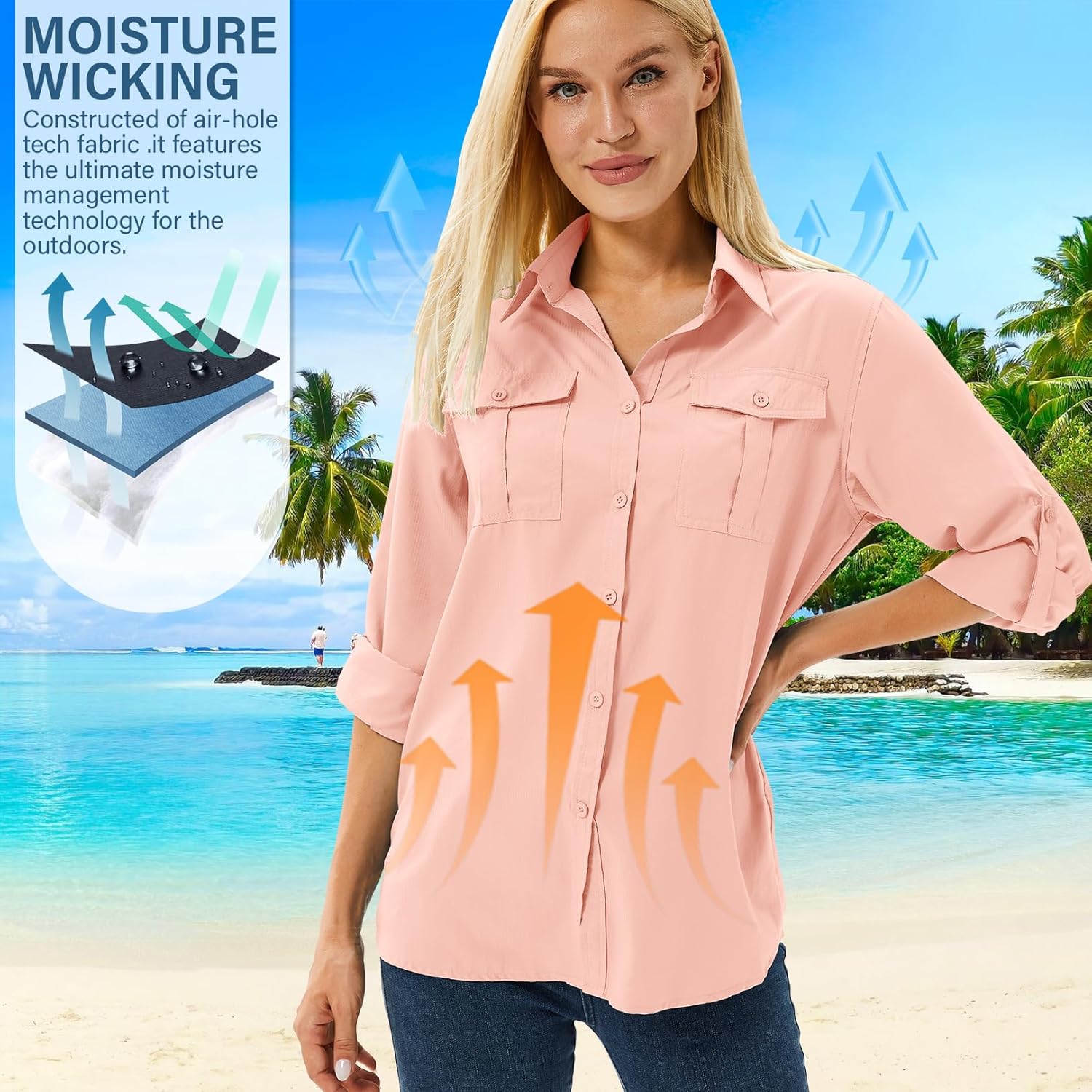 Women's UPF 50 Long Sleeve UV Sun Protection Safari Shirts Outdoor Quick Dry Fishing Travel Hiking Shirts #5070-Pink-L - Image 7