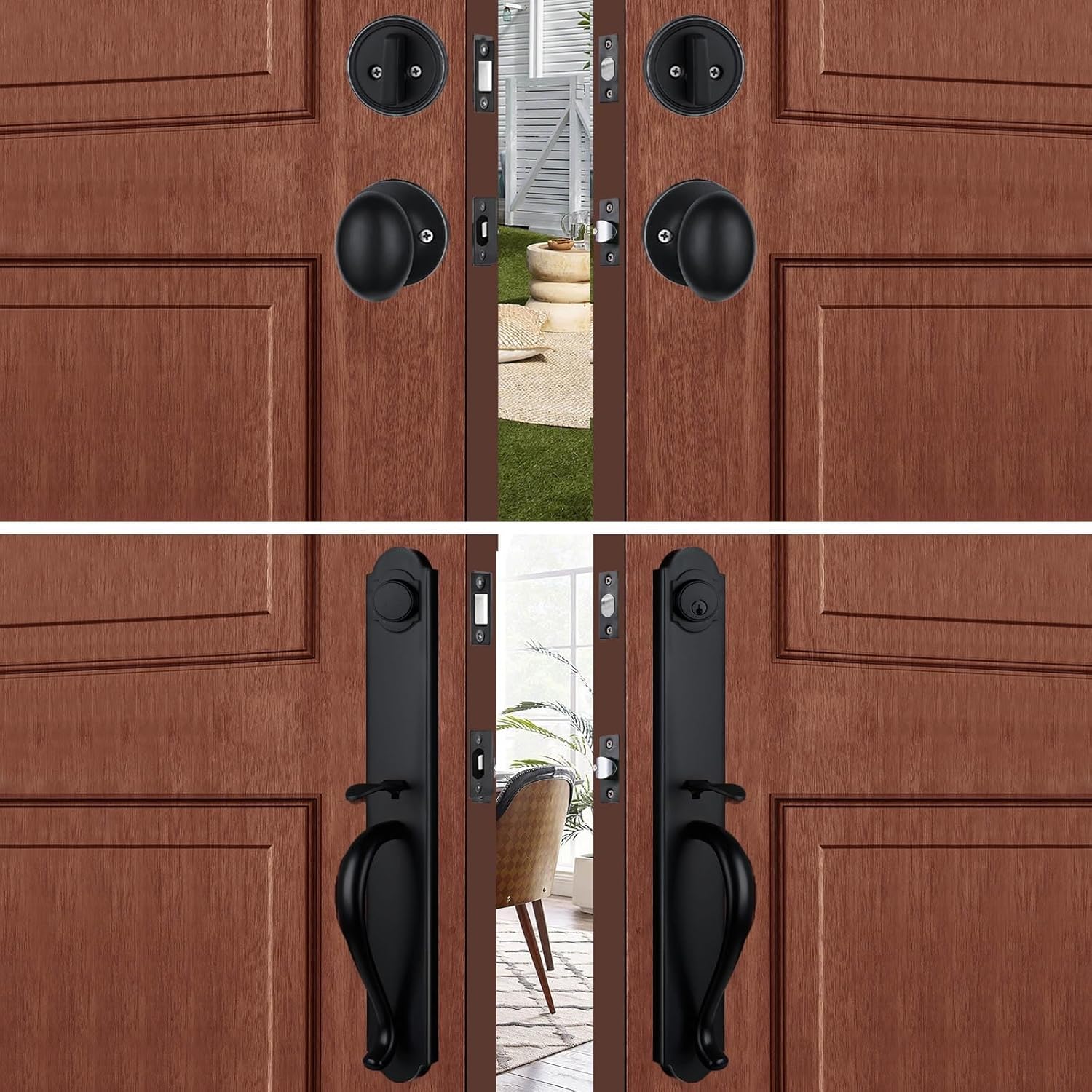 Double Front Door Handle Set with Camelot Trim in Matte Black, Entrance Front Door Lock Set with Deadbolt and Knob, X-2018DBSET
