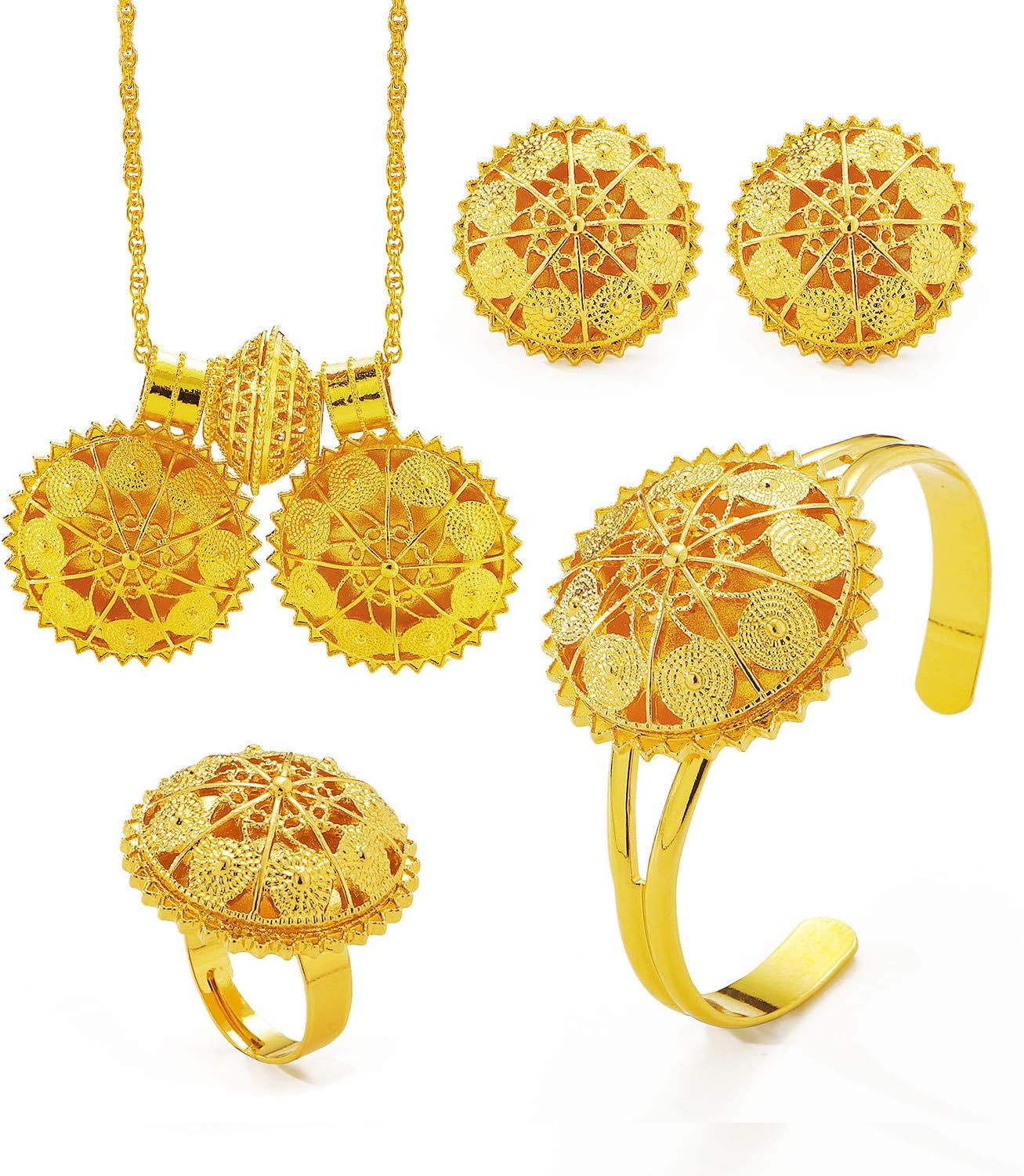 Ethlyn4Pcs 18K Gold Plated Ethiopian Jewelry Sets Necklace Eritrean/Habesha Bride Wedding Gifts