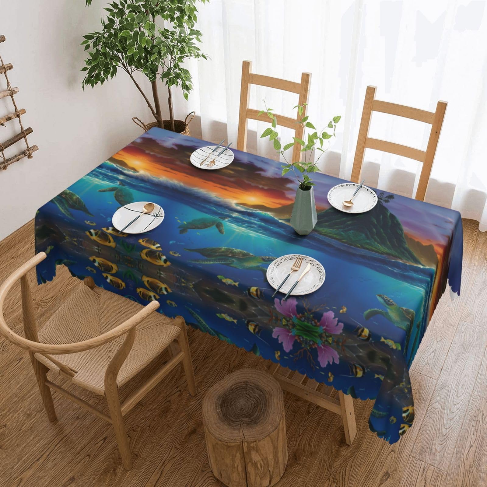HLSBSSL Sea Turtles Patterned square lace tablecloth, wrinkle-resistant and durable, suitable for dining tables, parties, etc.