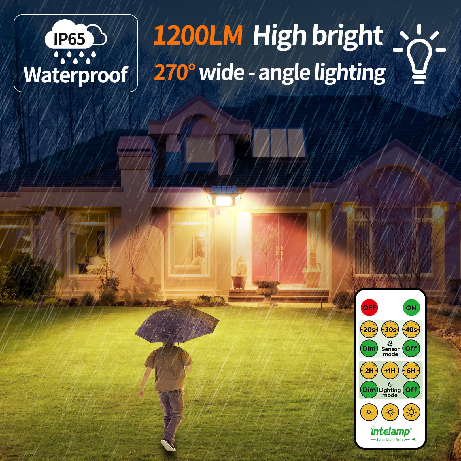 intelamp Solar Warmlicht Outdoor 6000mAh Batterie Solar Sicherheit Bewegungsmelder Licht mit Fernbedienung Hohe Helligkeit IP65 Wasserdicht LED Flutlichter Gartenleuchten