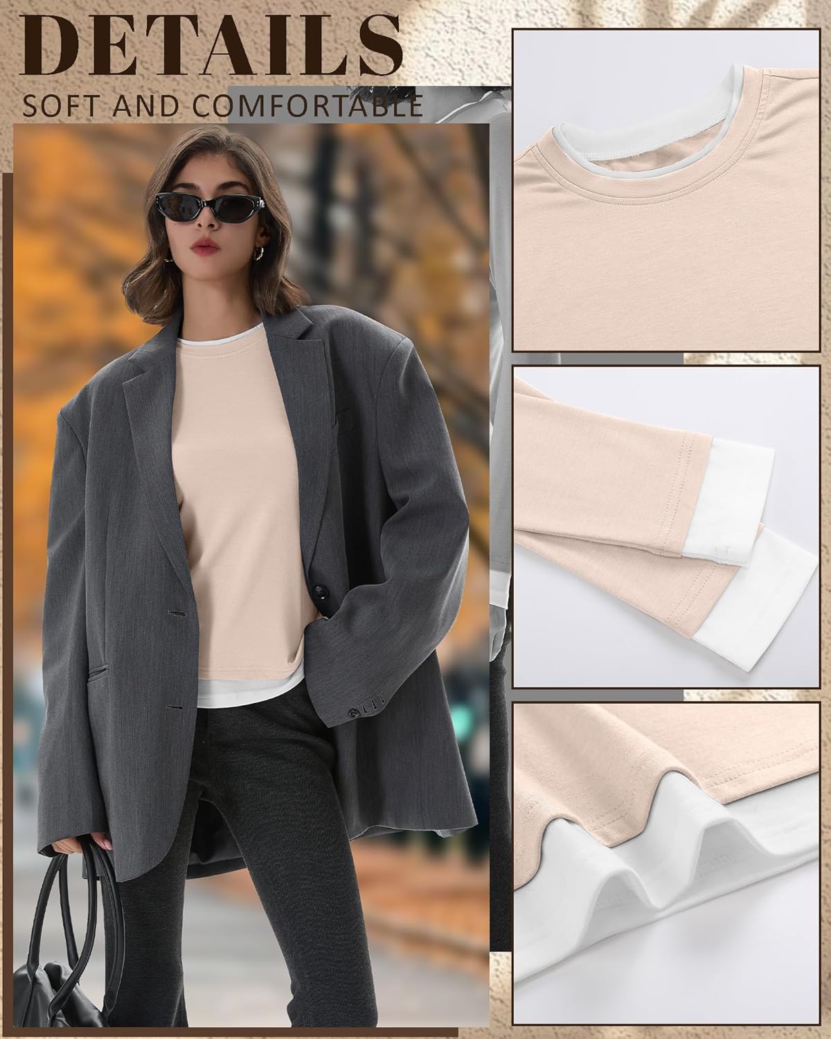 3 Pack Women's Long Sleeve Crew Neck Shirts Fake Two Pieces Slim Fit Casual Tops Tight Basic Layering Look Tees - Image 5