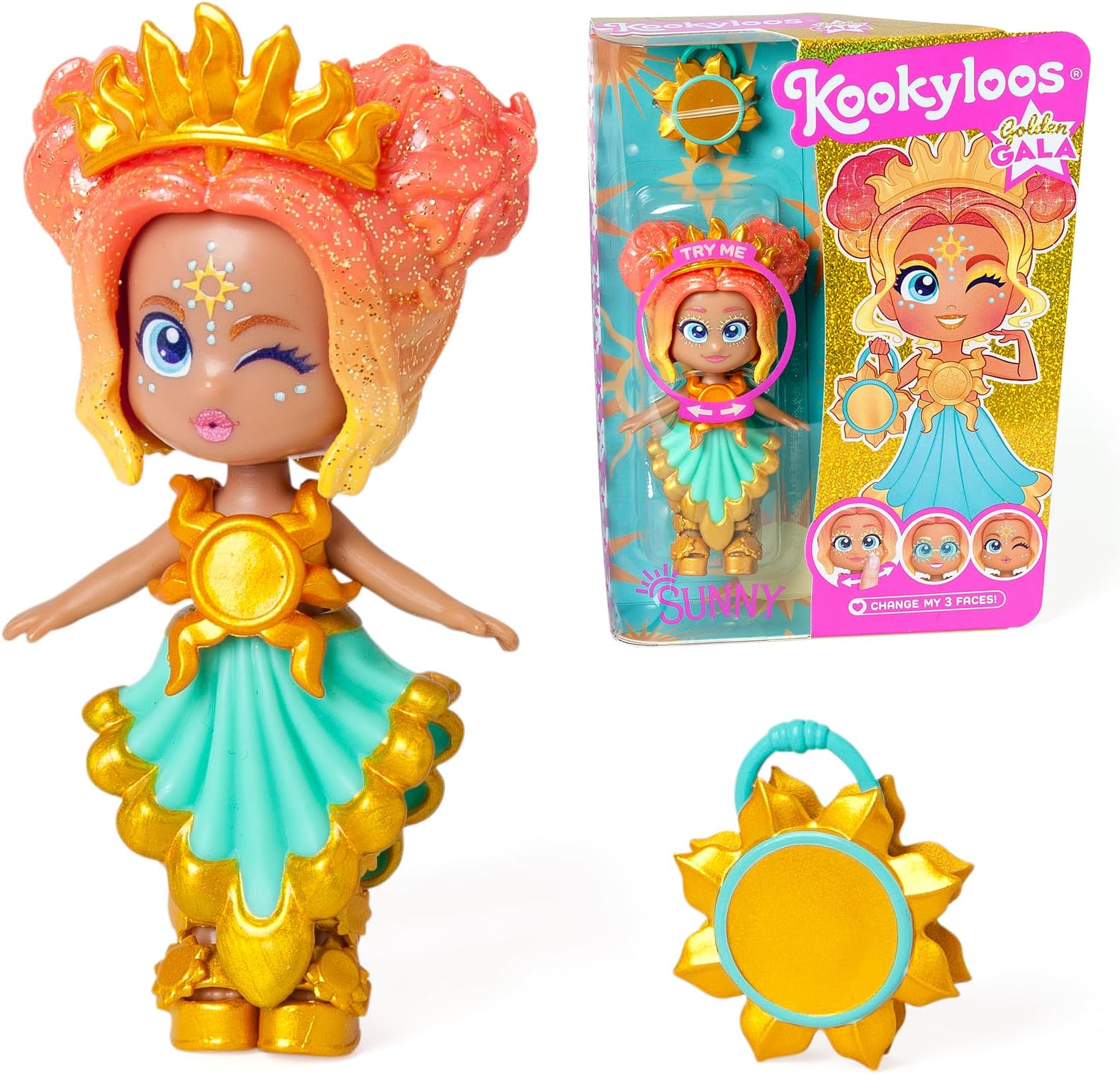 KOOKYLOOS Golden Gala Series SUNNY, Collectable doll from the Golden Gala series. Contains the Kookyloos doll Sunny, 1 bag, fashionable clothes and shoes and 1 accessory. 1 doll, 3 different faces