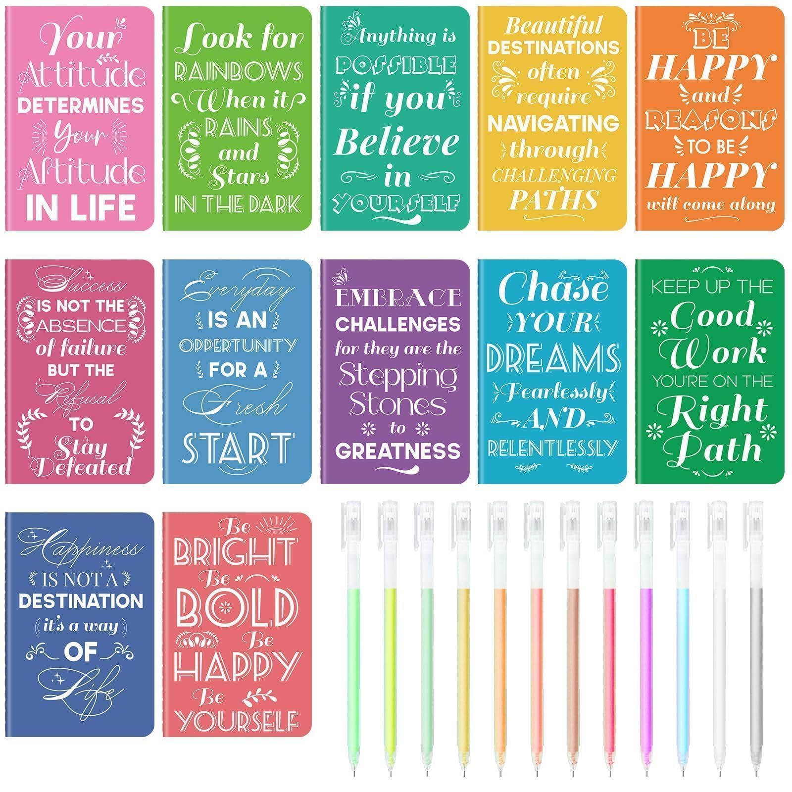 12 Pcs Mini Inspirational Notebooks Bulk with 12 Pcs Colorful Pens, Small Pocket Journal Notepads Set, Motivational Bulk Gifts for Women Men Teacher