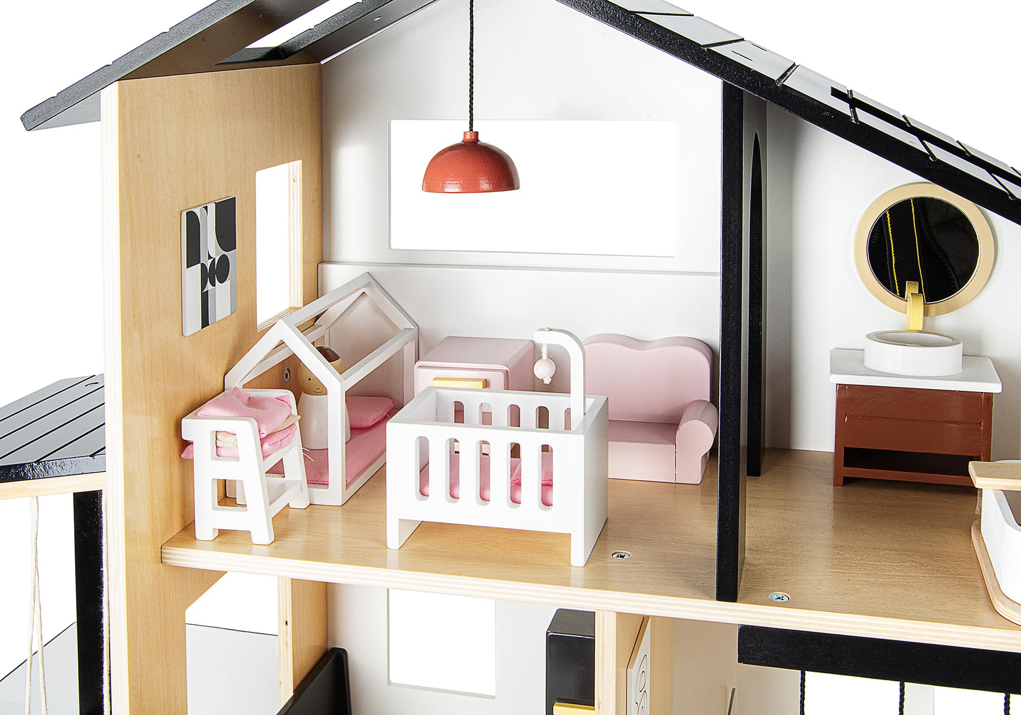 Leomark Appartamento, Moderna Casa delle bambole in legno, in stile LOFT con persiane e terrazza, Con arredamento e tanti accessori, Dimensioni: 80x30x63 cm.