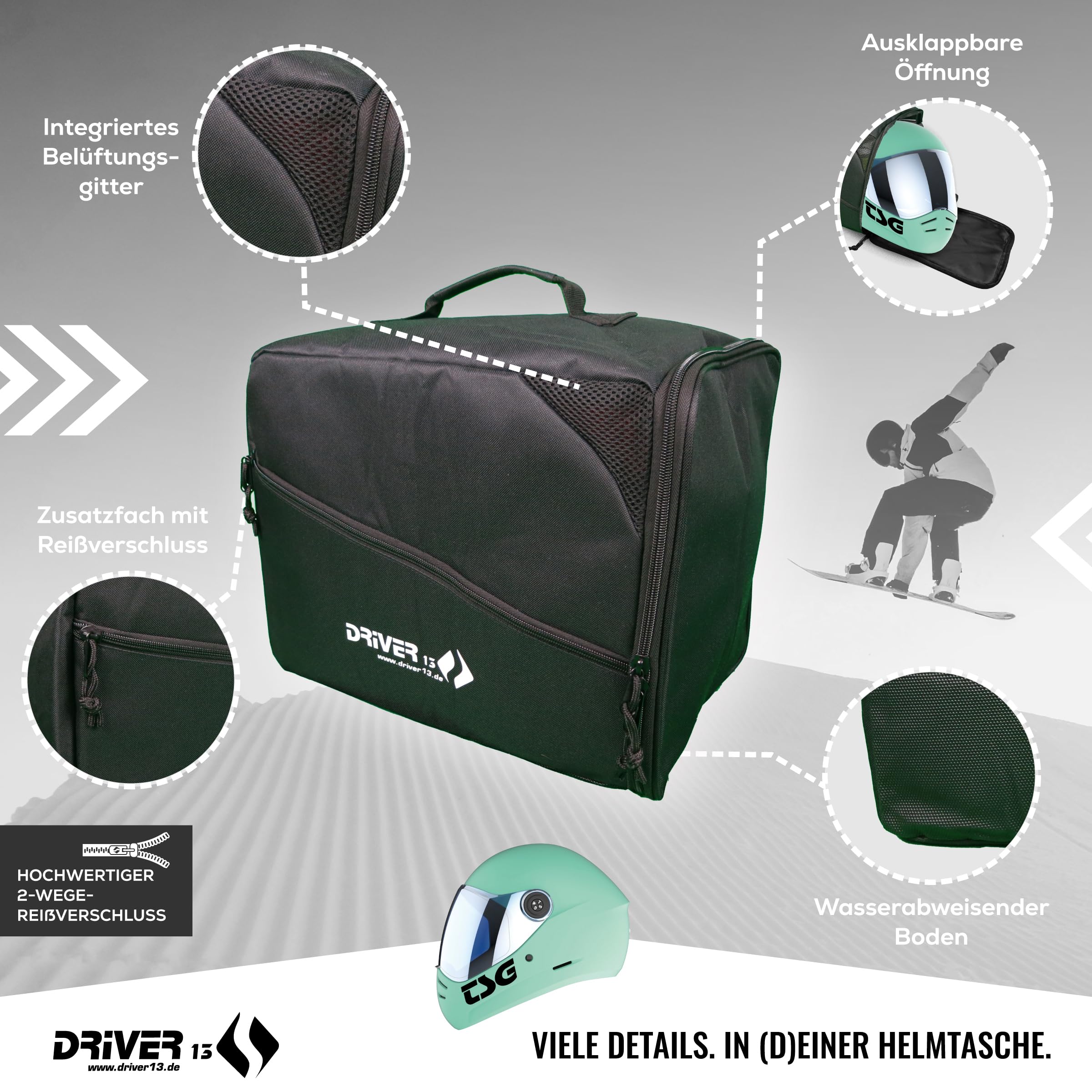 Driver13 borsa casco per casco da sci e casco da motocross, helmet bag imbottita con ventilazione e tasca accessori, nero