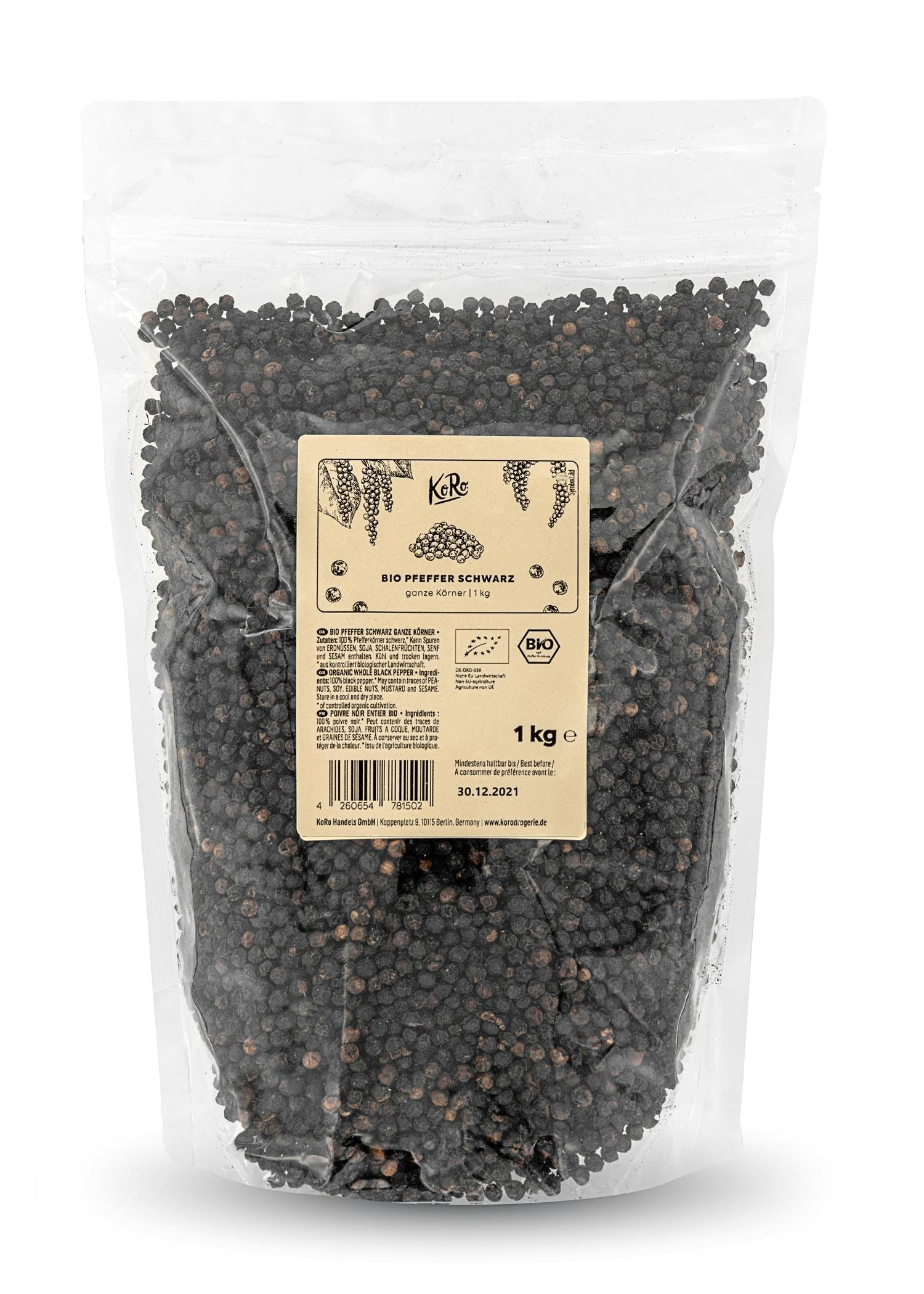 KoRo | Ganze schwarze Bio Pfefferkörner 1 kg: Naturbelassen, frisch mahlen für vollen Geschmack