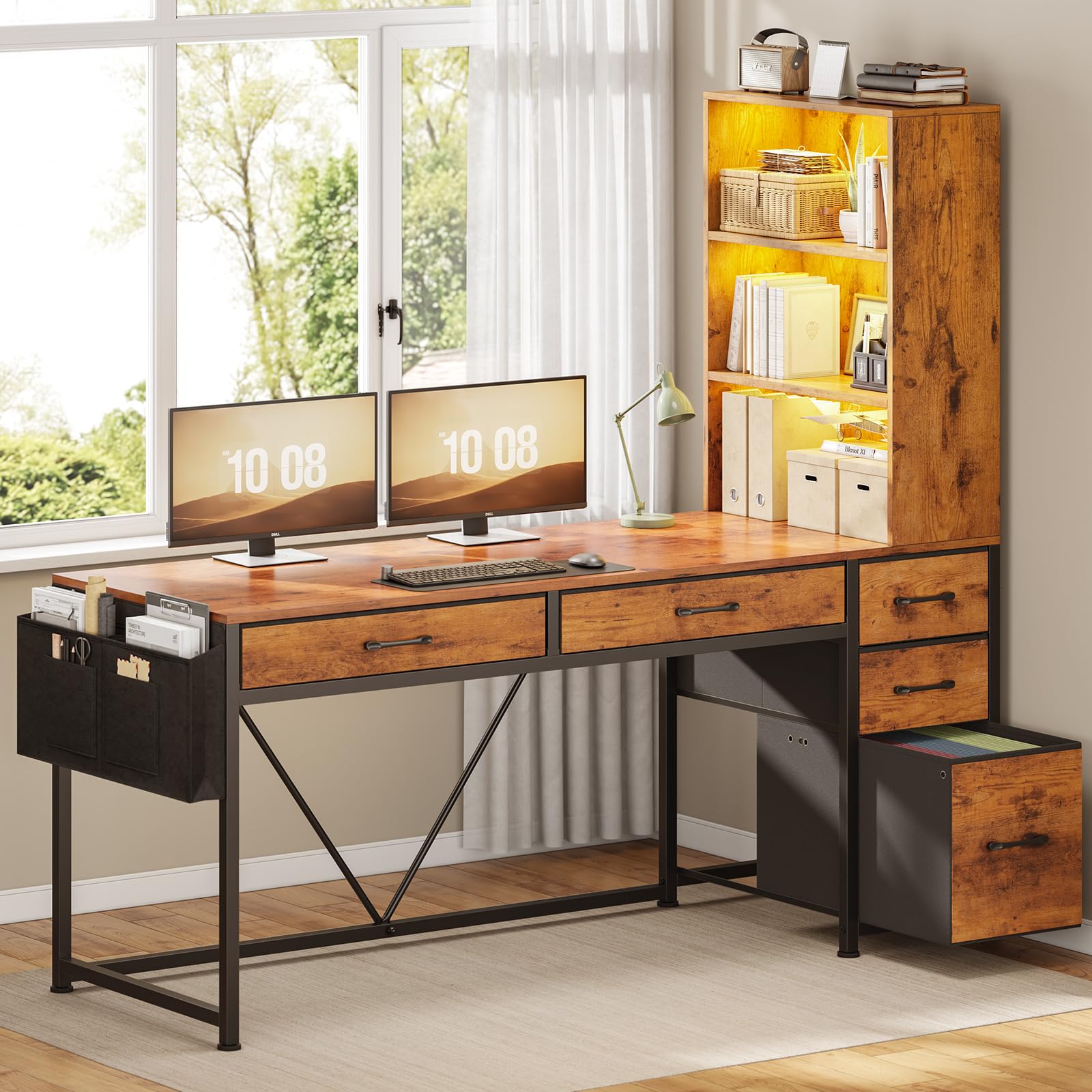 SEDETA Computer Desk with 5 Drawers and Bookshelf, Reversible Home Office Desk with Storage Shelves and File Drawer, Gaming Corner Desk with LED Lights for Small Spaces, Rustic Brown