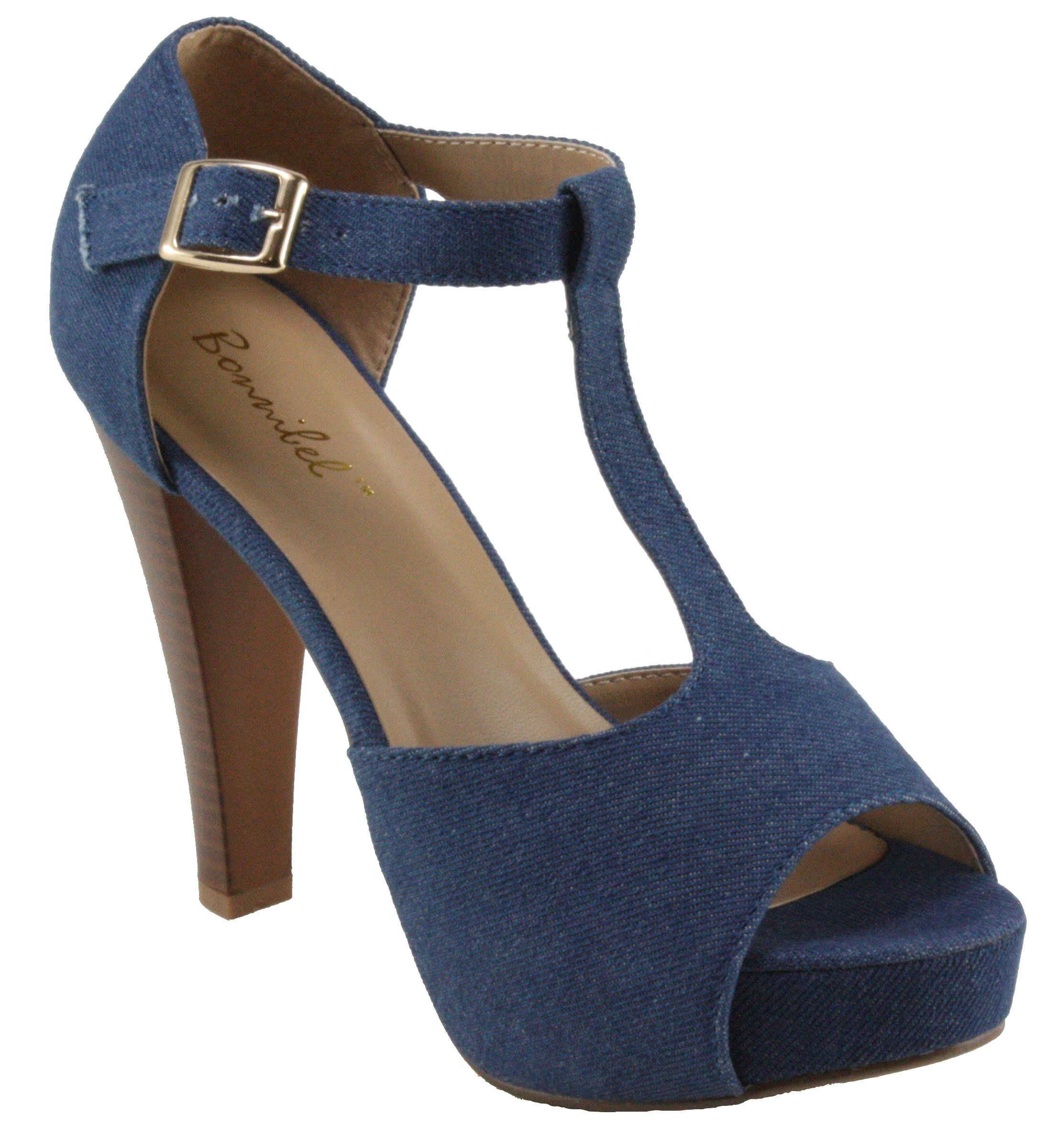 BonnibelWomen's Kylee-3 Denim Platform T-Strap Peep-Toe Chuncky Heels (6.5, Blue Denim)