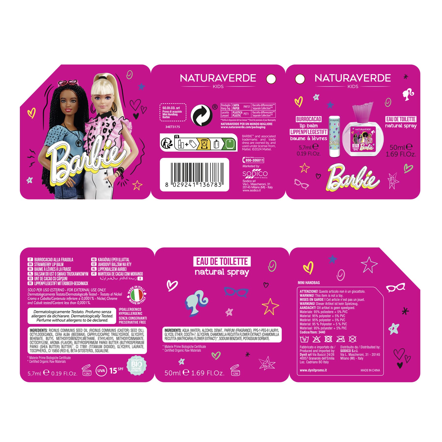 Naturaverde | Kids - Barbie Gift Set, Profumo 50 ml, Burrocacao alla Fragola 5,7 l & Borsetta Barbie