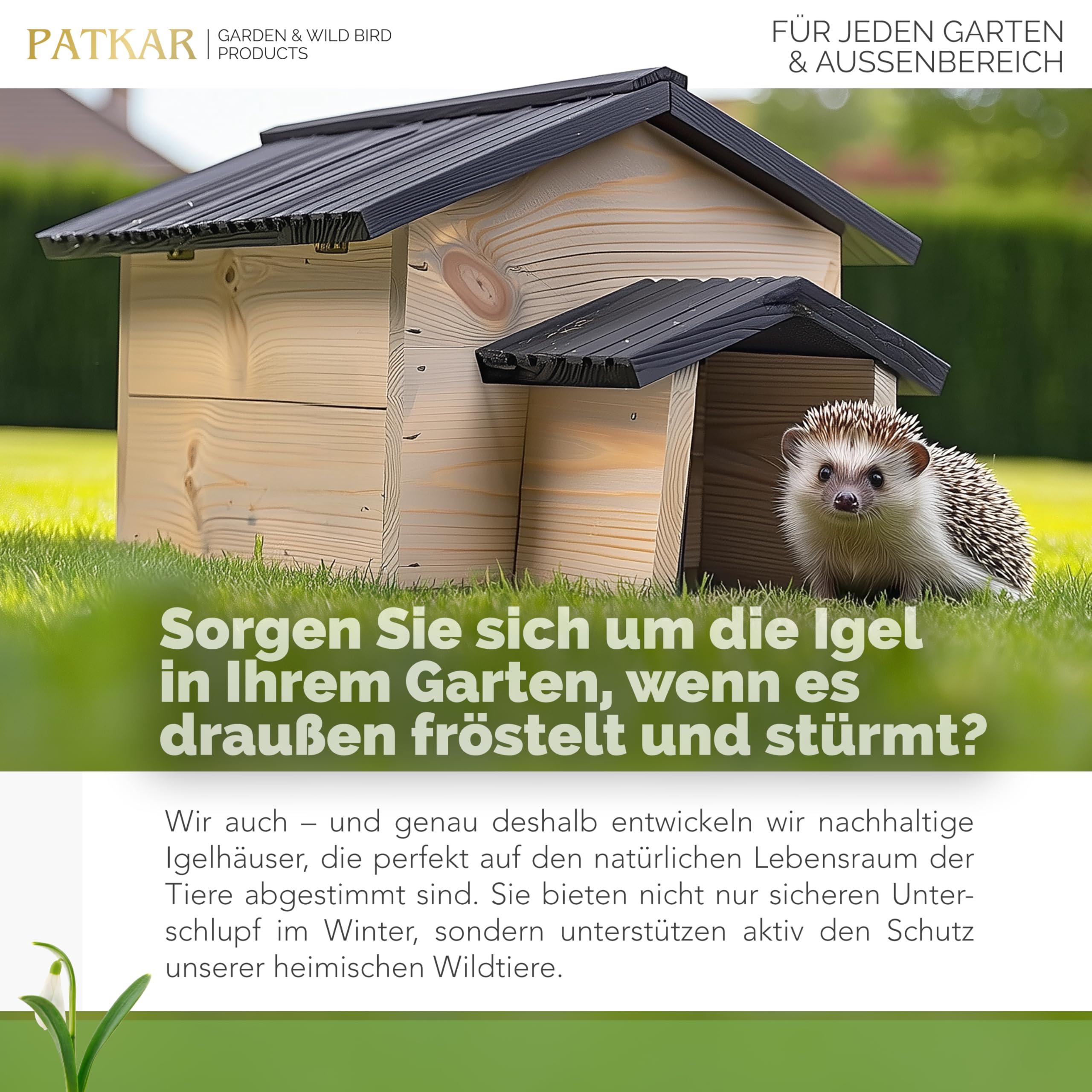PATKAR Igelhaus Winterfest mit Boden Premium Igelfutterhaus Made in Europe Igel Haus Schlafhaus Futterhaus