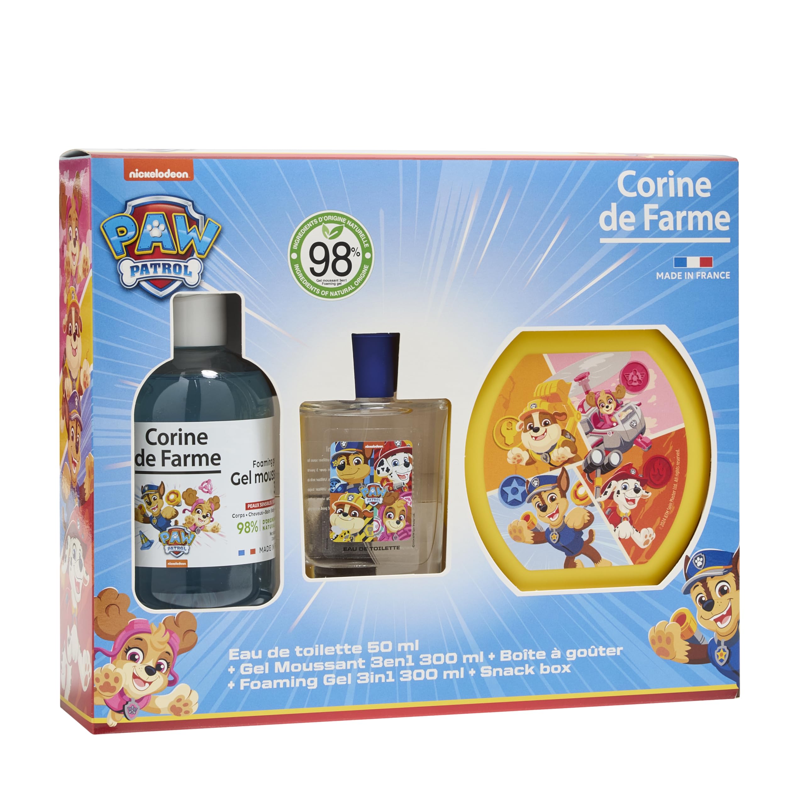 Corine de Farme Paw Patrol Geschenkset für Kinder, Eau de Toilette, 50 ml, Dusch- und Bade-Gel, 3-in-1, Körper und Haare, 300 ml und Lunchbox für Kinder, Moschusduft